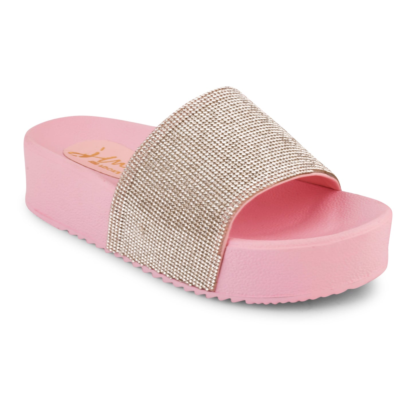 Jm Looks platform slides with a sparkling wide strap and a thick sole
Pink