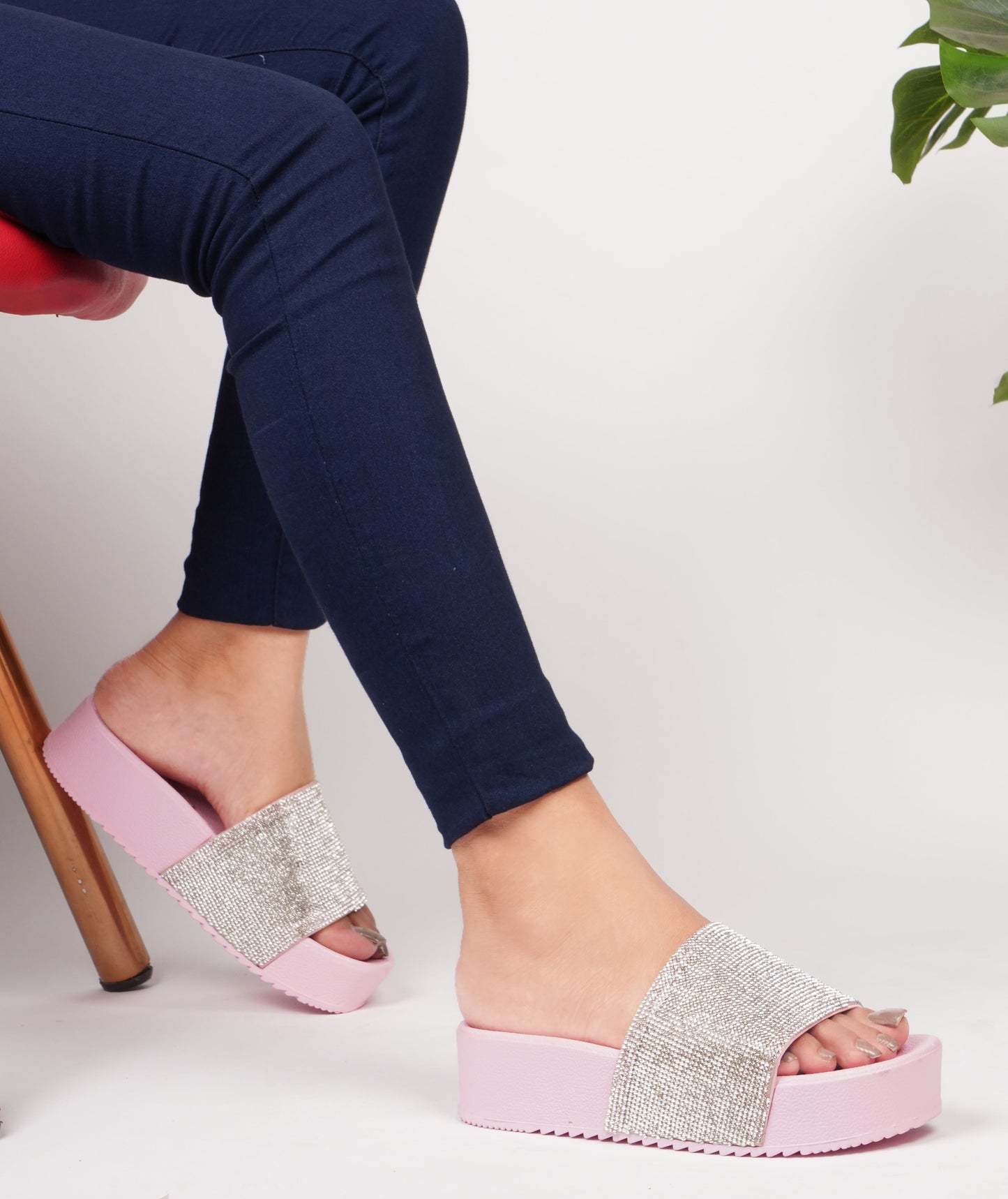 Jm Looks platform slides with a sparkling wide strap and a thick sole
Pink