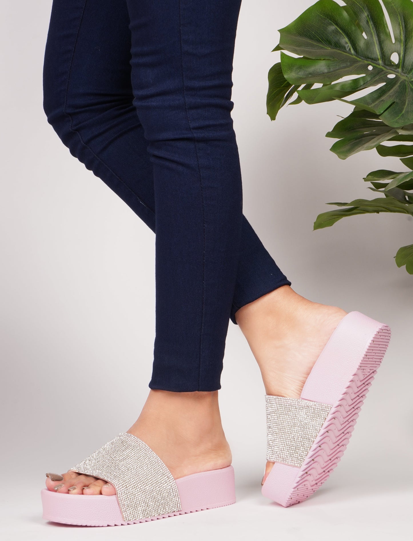 Jm Looks platform slides with a sparkling wide strap and a thick sole
Pink