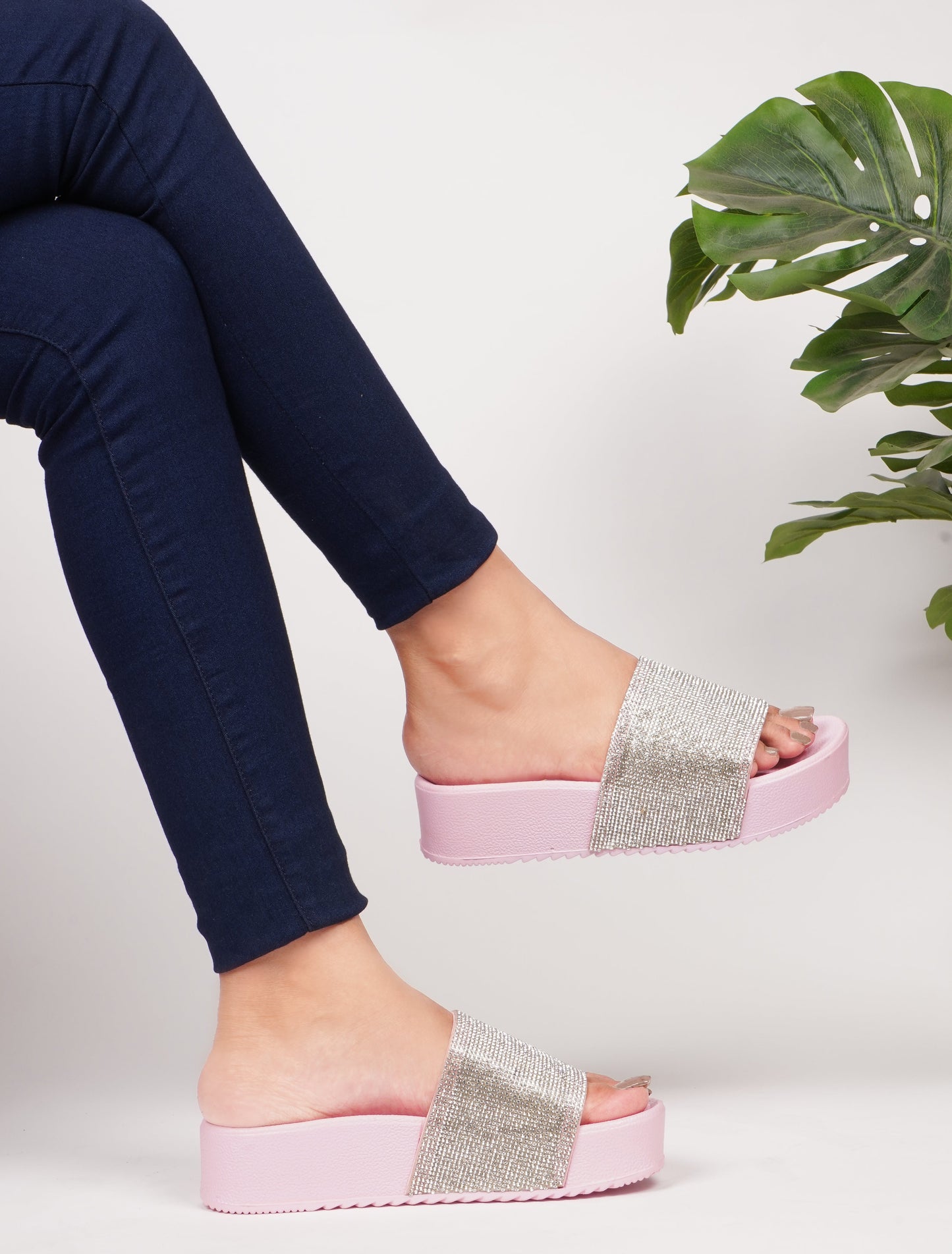 Jm Looks platform slides with a sparkling wide strap and a thick sole
Pink