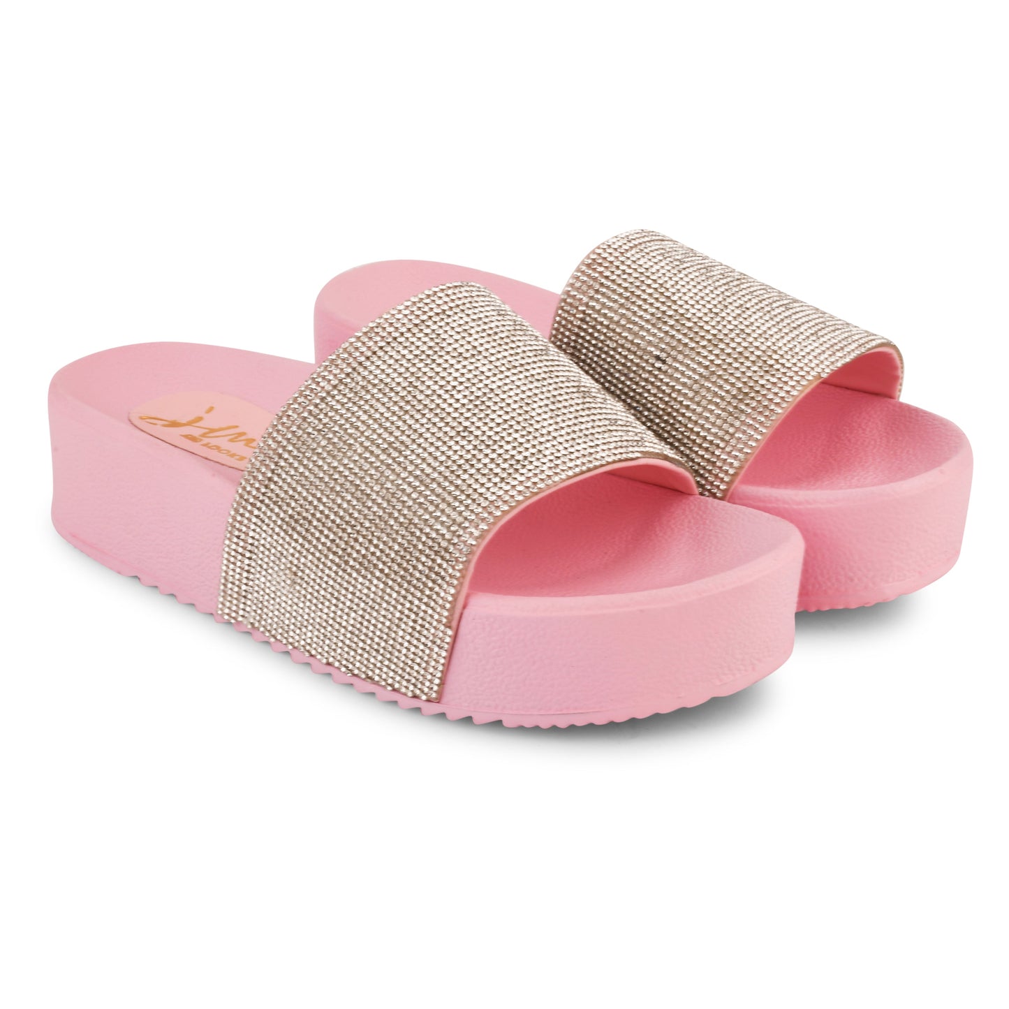 Jm Looks platform slides with a sparkling wide strap and a thick sole
Pink