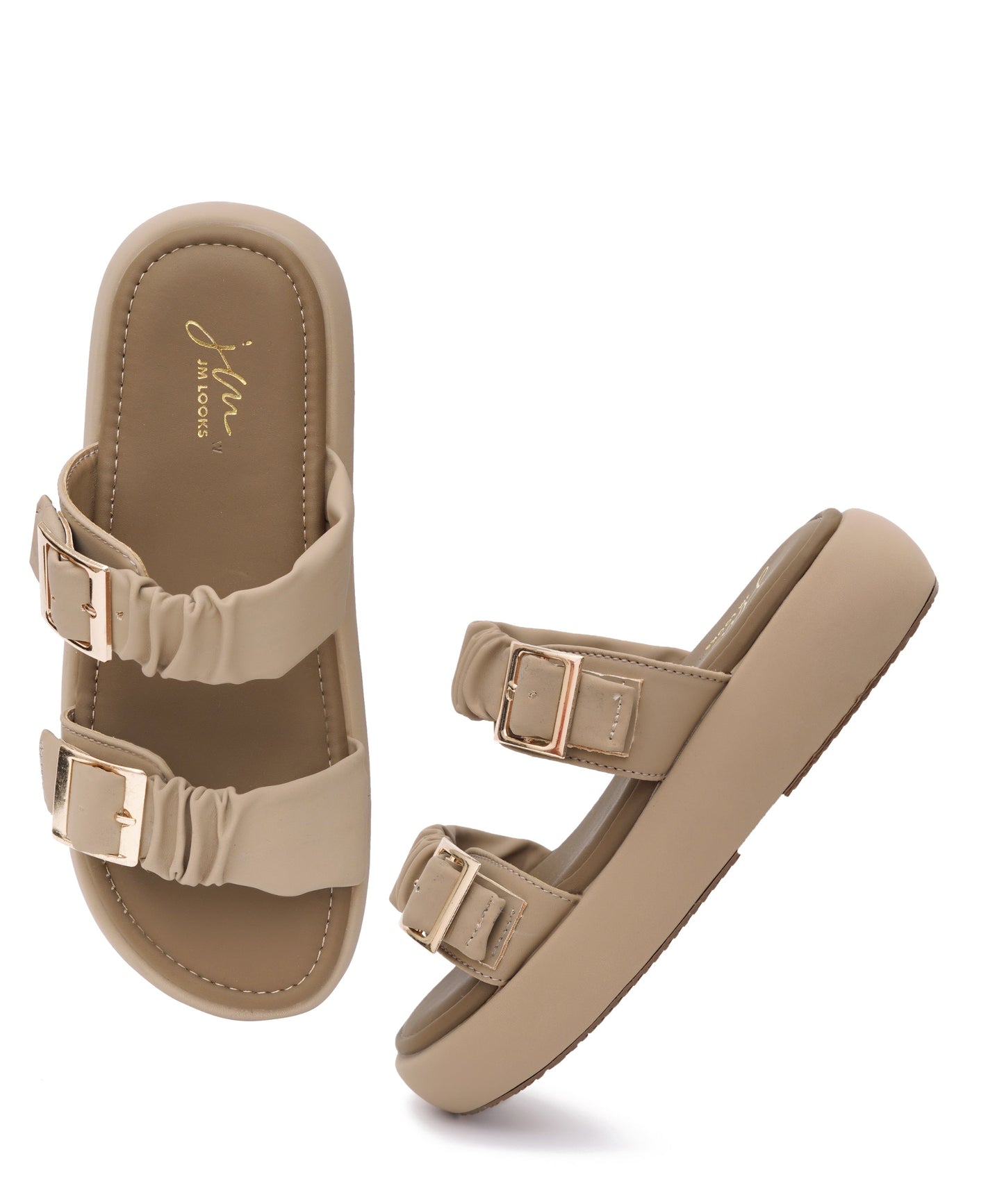 Platform sandals for women in beige with ruched dual straps, gold buckles and thick cushioned footbed