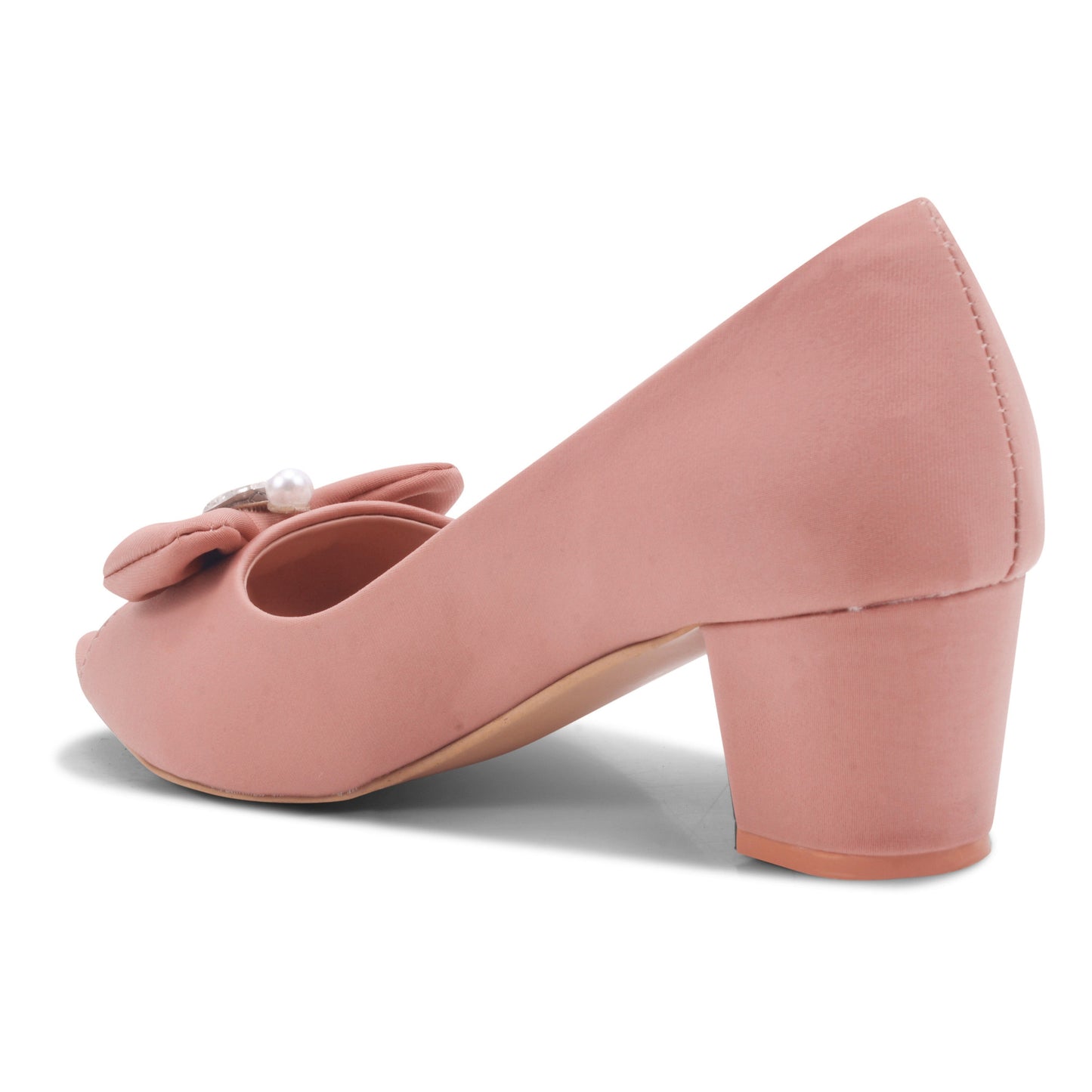 Peach peep toe block heels with embellished bow detail, pearl and crystal accent, low heel