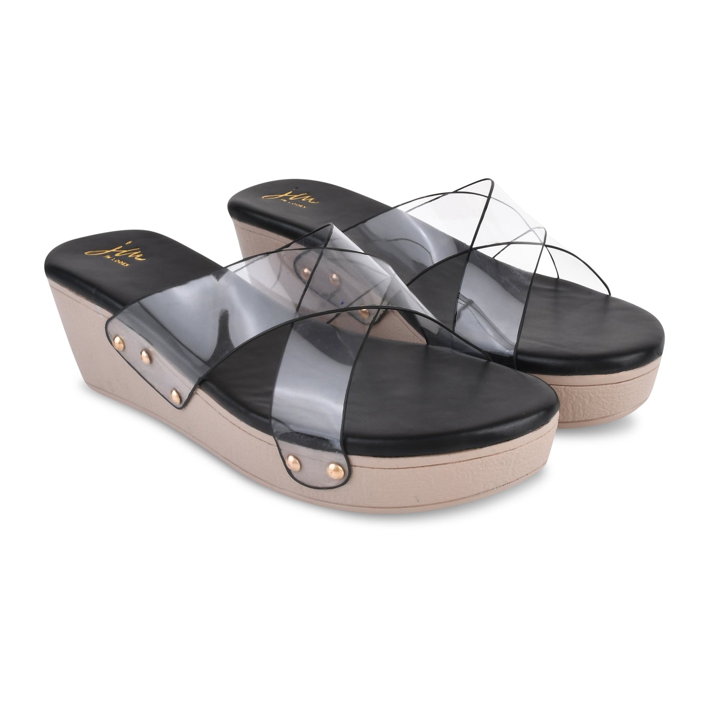 wedge heel slides featuring clear cross straps and a comfortable sole
Black