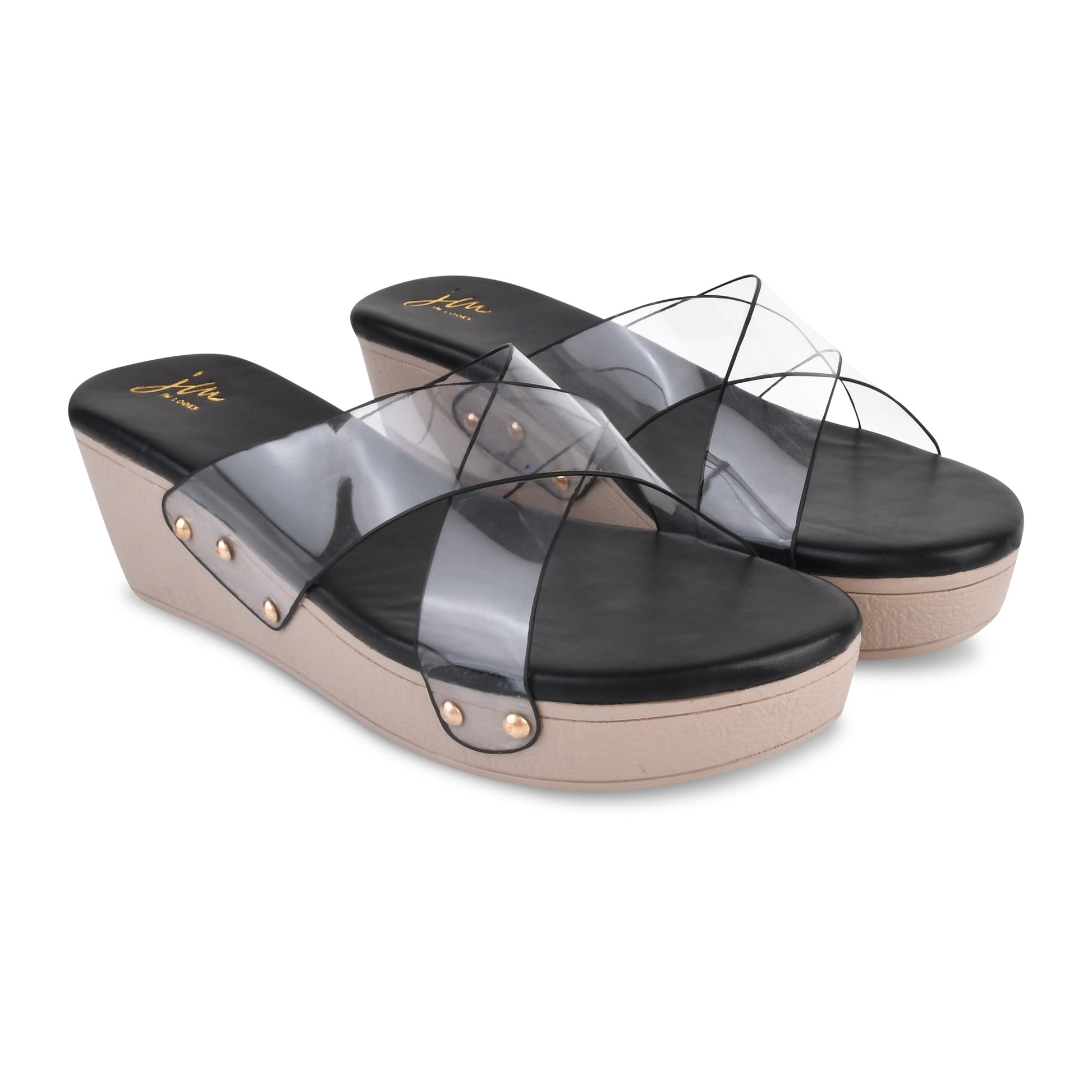 wedge heel slides featuring clear cross straps and a comfortable sole
 Black