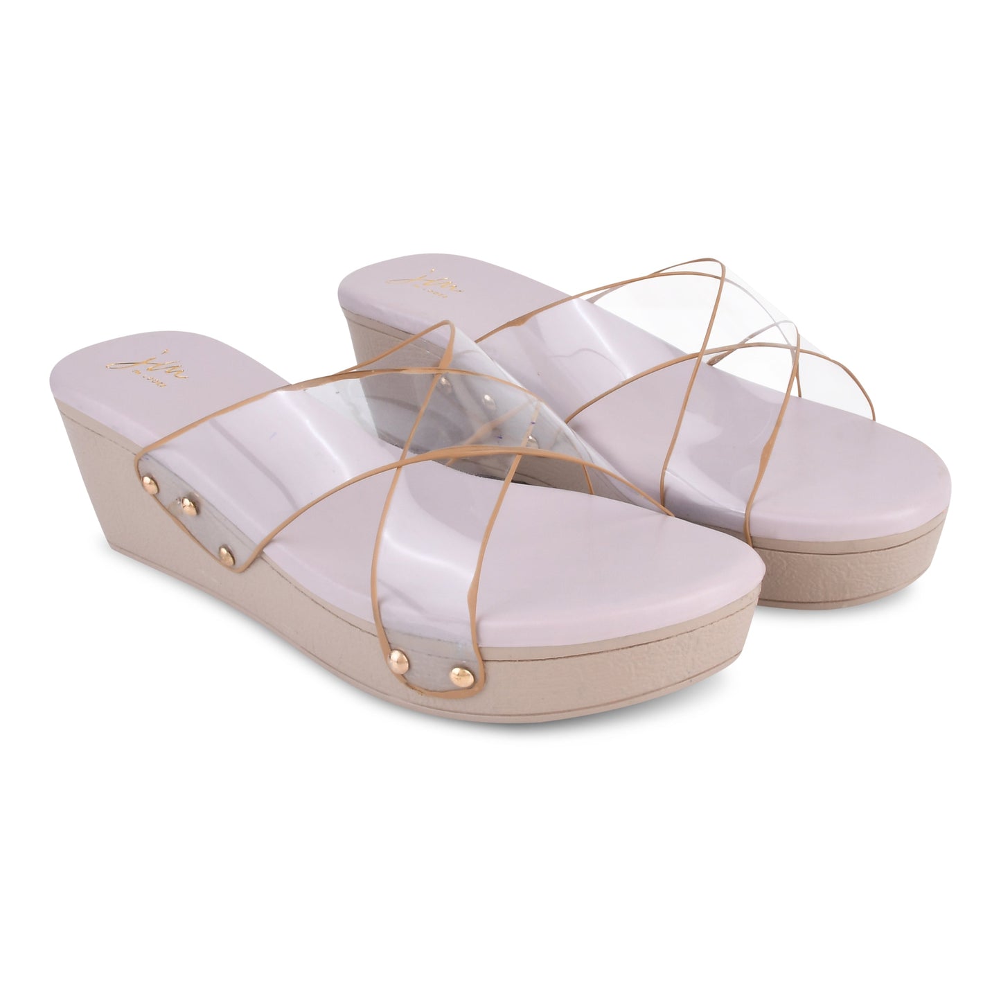 wedge heel slides featuring clear cross straps and a comfortable sole
Lavender