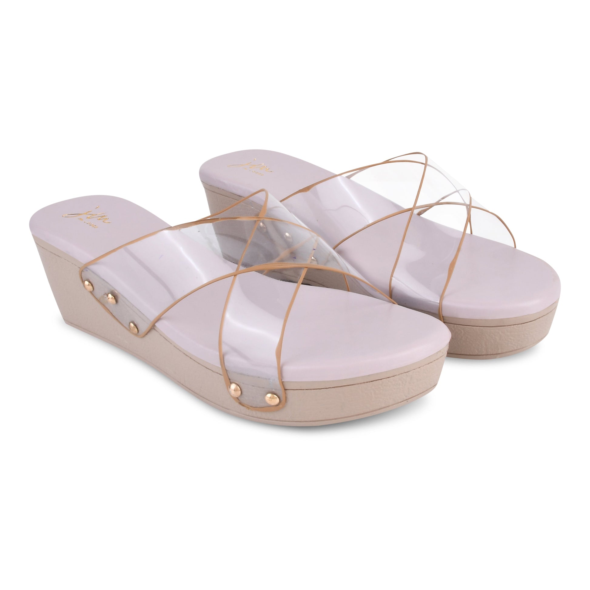 wedge heel slides featuring clear cross straps and a comfortable sole
 Lavender