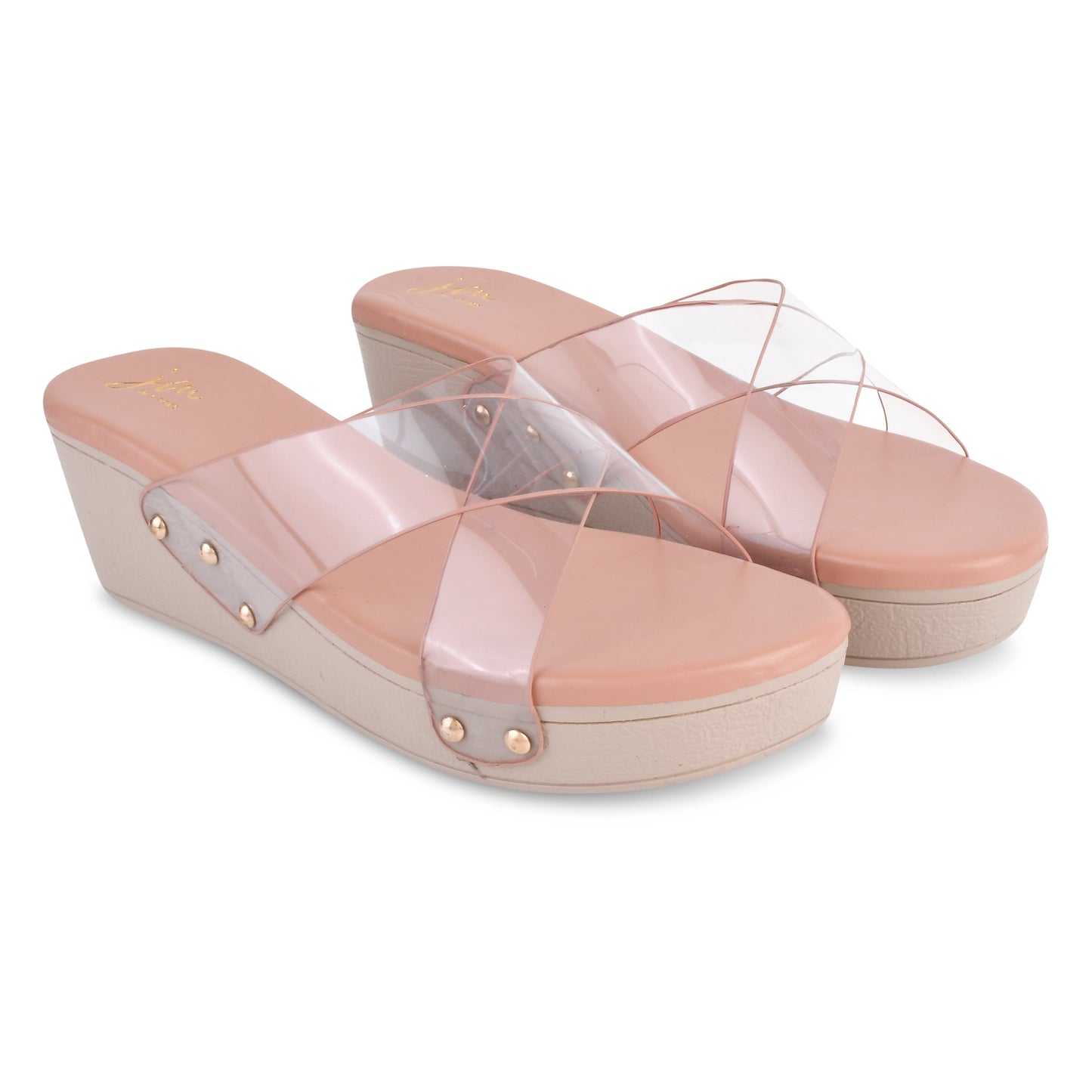 wedge heel slides featuring clear cross straps and a comfortable sole
Peach