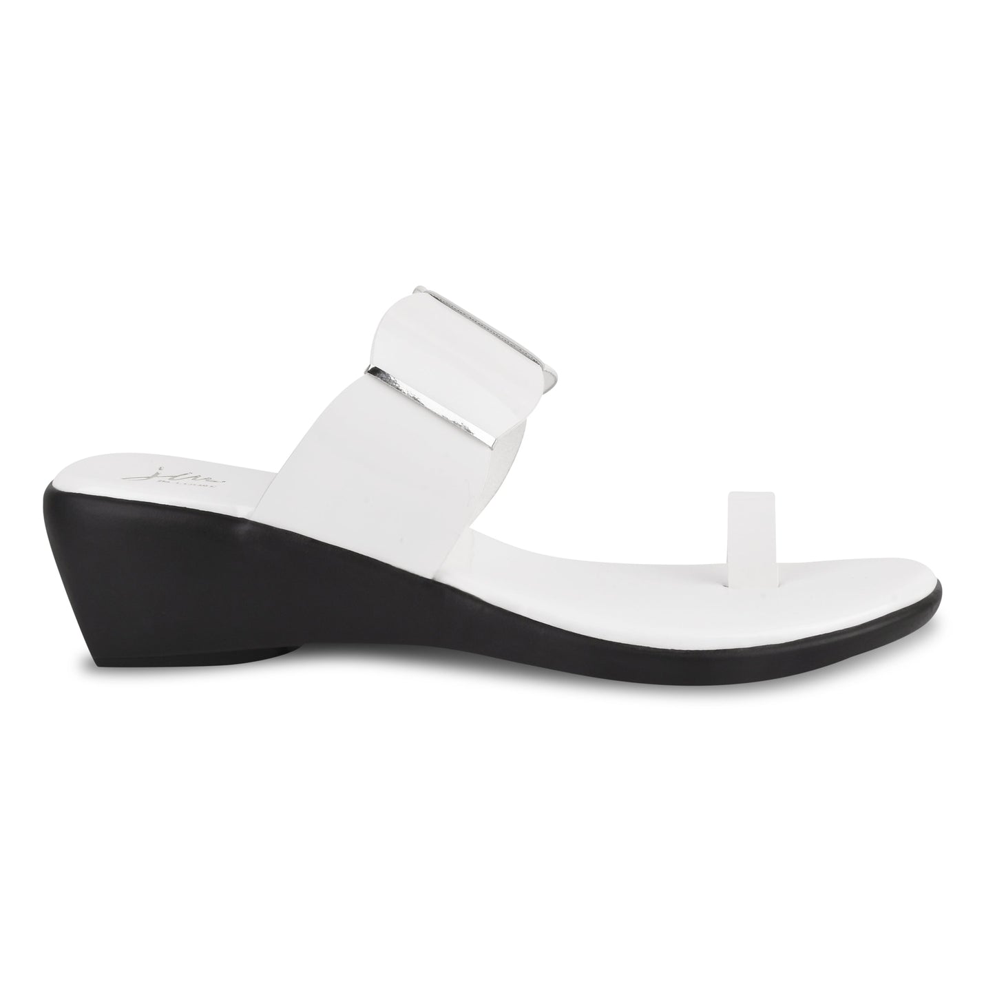 wedge heel slides featuring a scalloped strap and a toe-ring design
White