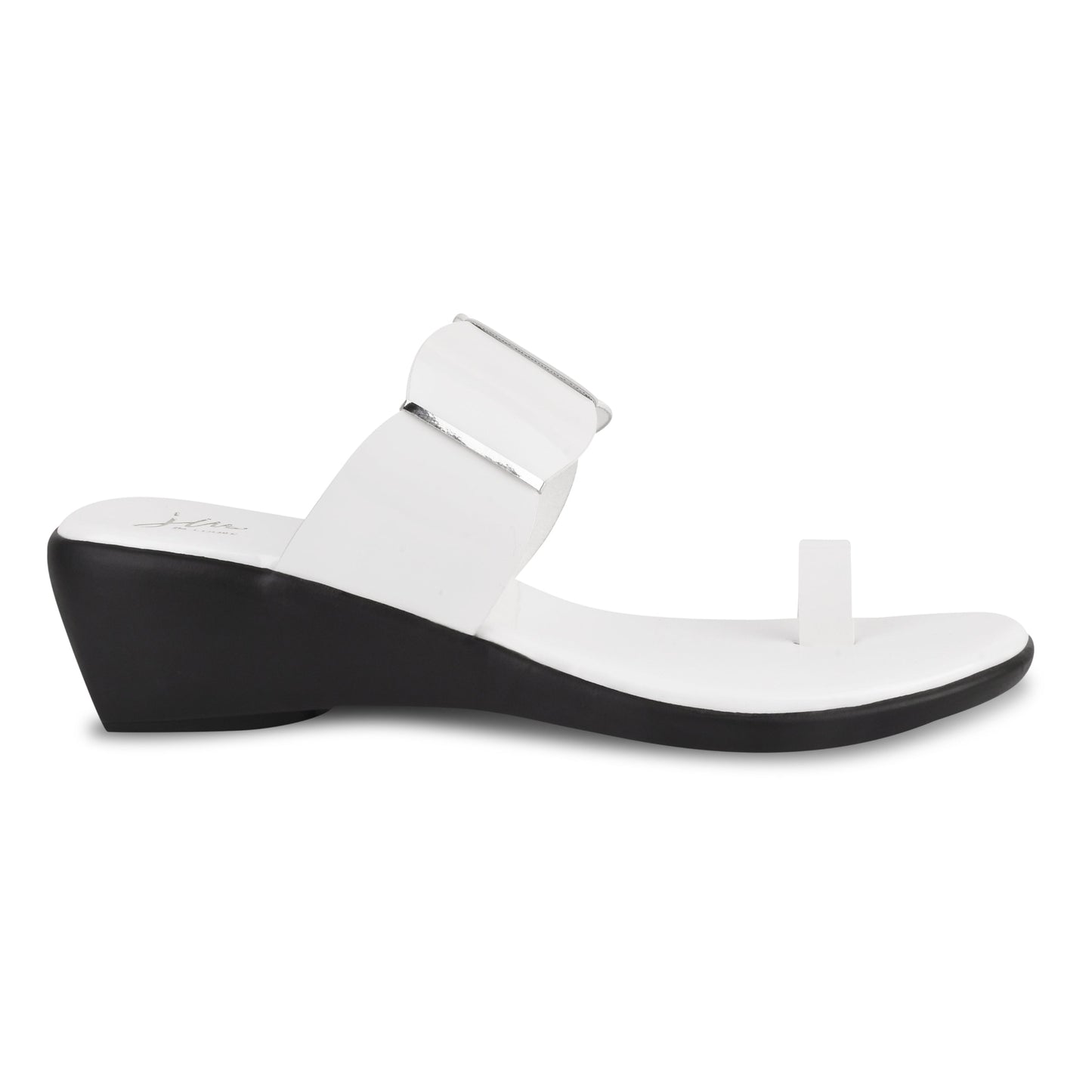 Wedge sandals for women in glossy white patent with gold bar accents and toe-ring strap design