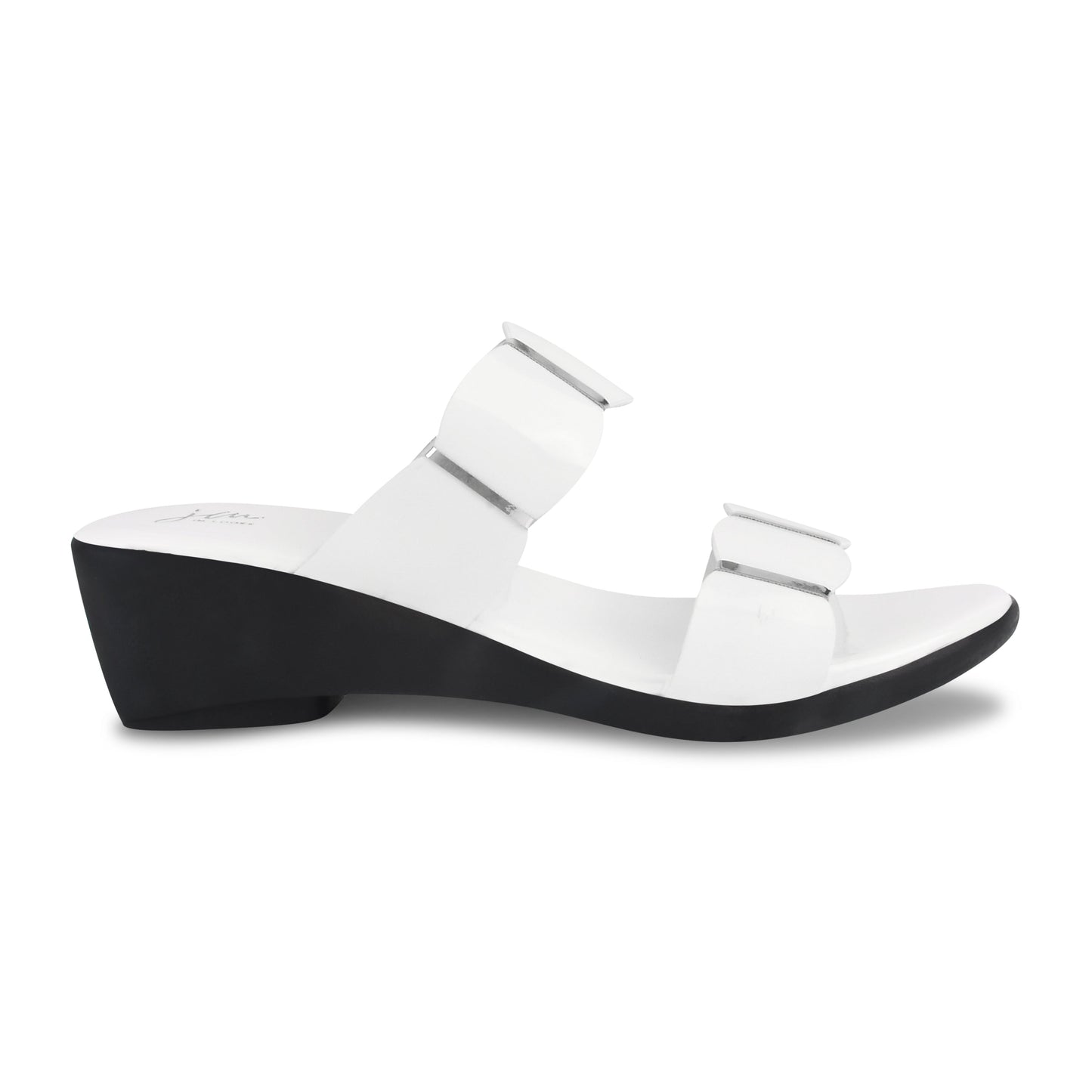 wedge heel slides featuring unique scalloped straps
White