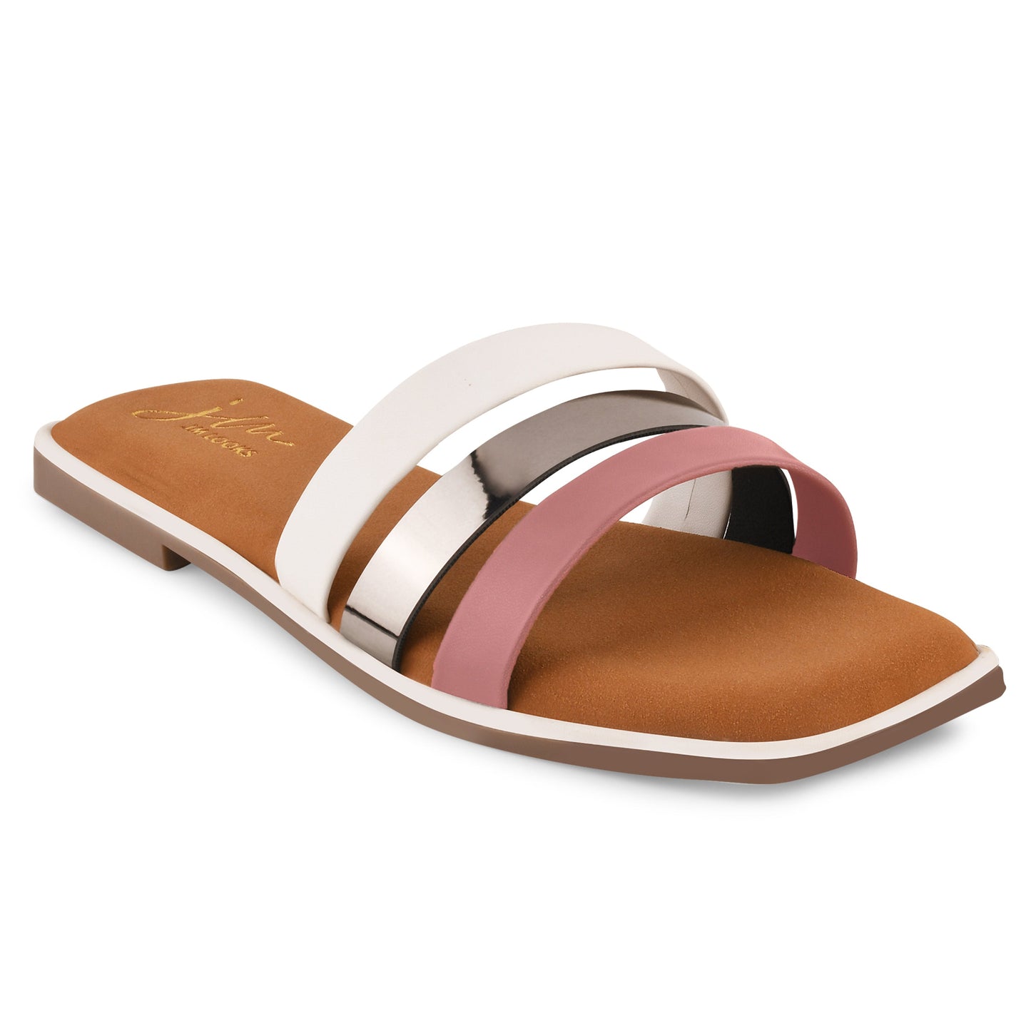 Flat slide sandals women pink white metallic triple straps square open toe tan cushioned suede footbed