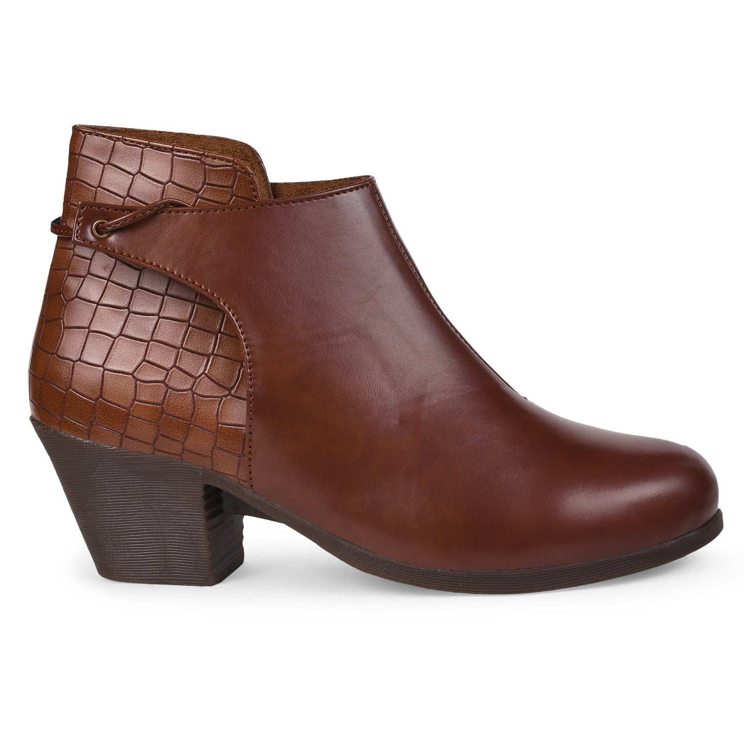 Ankle boots for women tan block heel croc textured round toe back strap western style booties