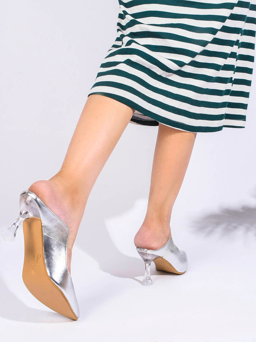 Jm Looks women's pointed toe mule heels with an ankle strap
Silver
