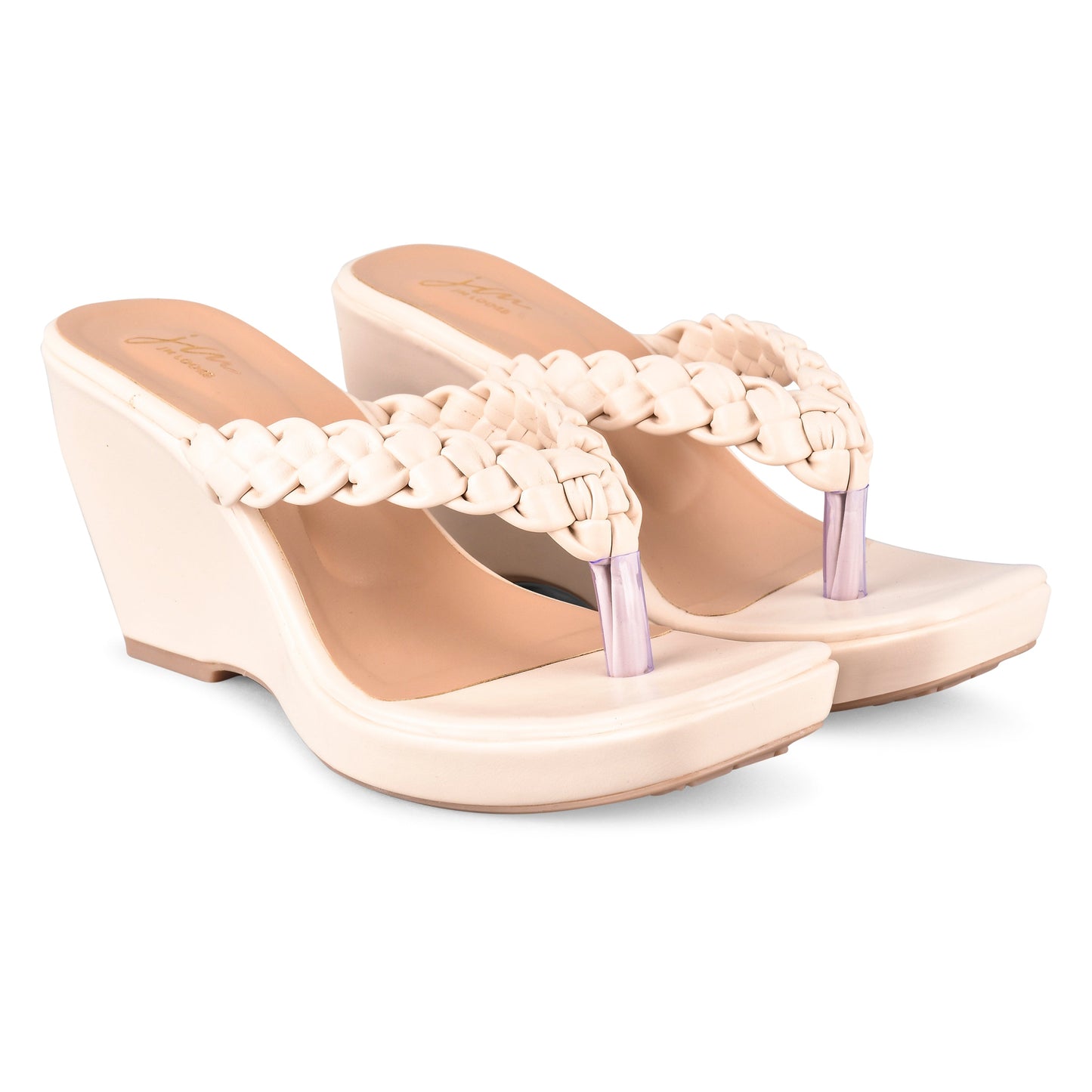 Women’s braided wedge heels with toe-post and platform base Cream