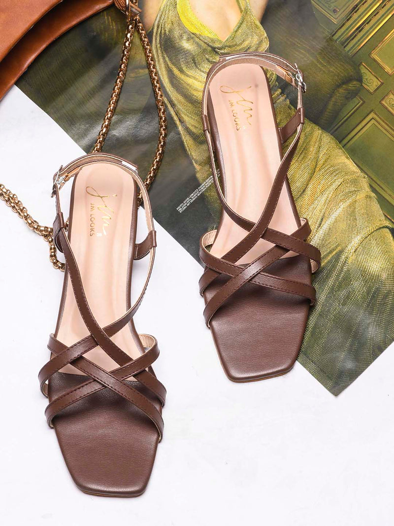 low block heel sandals with multiple straps and an adjustable ankle strap
 Brown