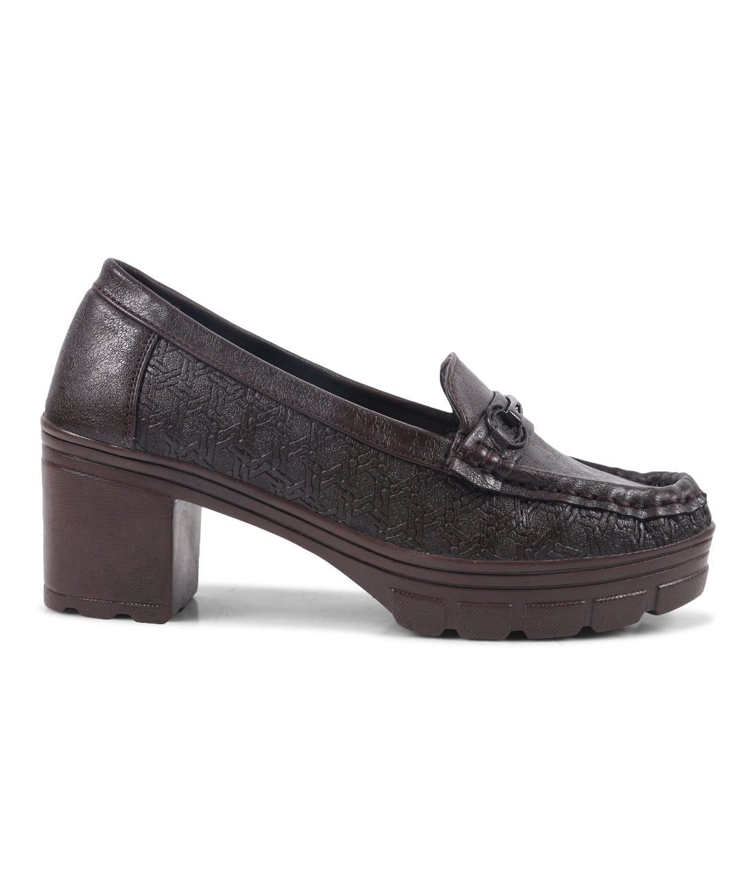 Brown Women Textured Faux Leather Chunky Platform Block Heel Loafers