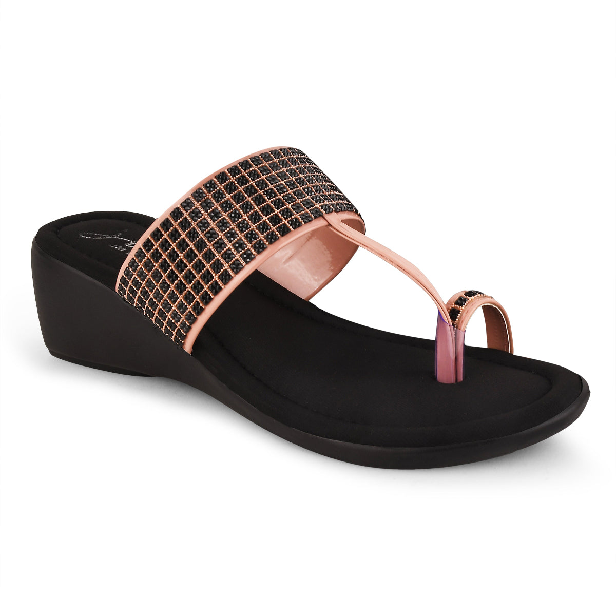 Women's peach & black wedge sandals with embellished toe-ring strap