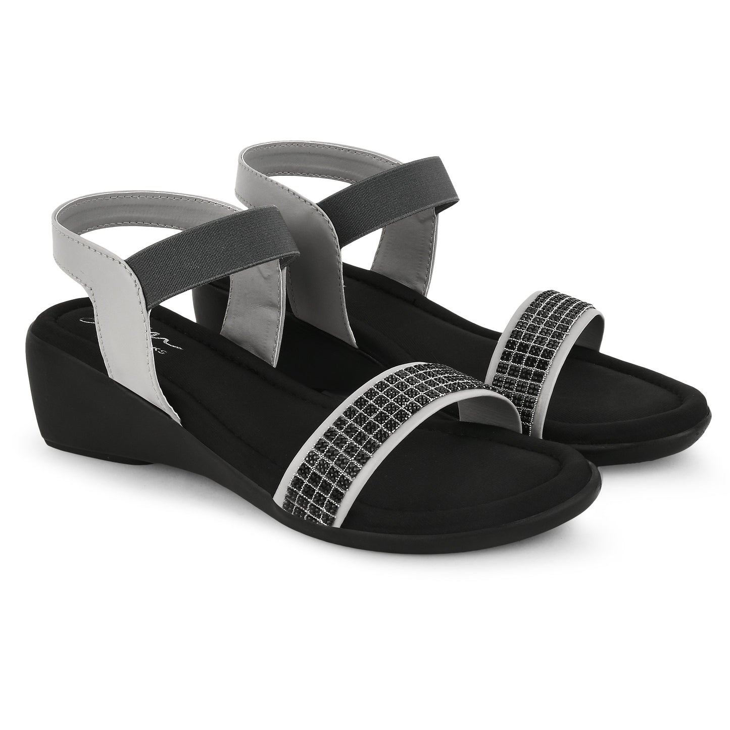wedge sandals with an embellished front strap and an elastic ankle strap
Grey