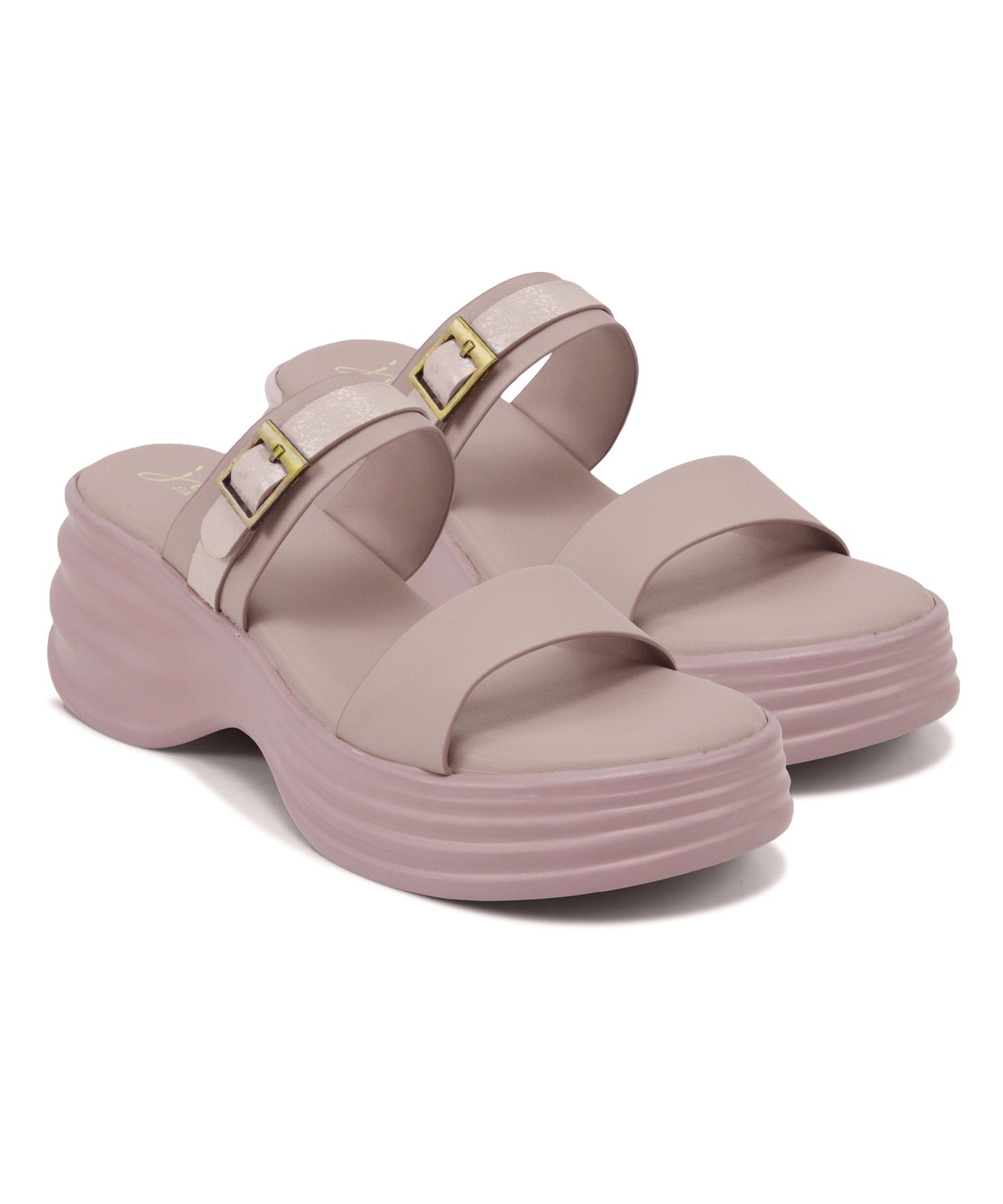 Two-strap slide sandals in wood-rose with chunky ridged platform sole and antique gold buckle accent detail.