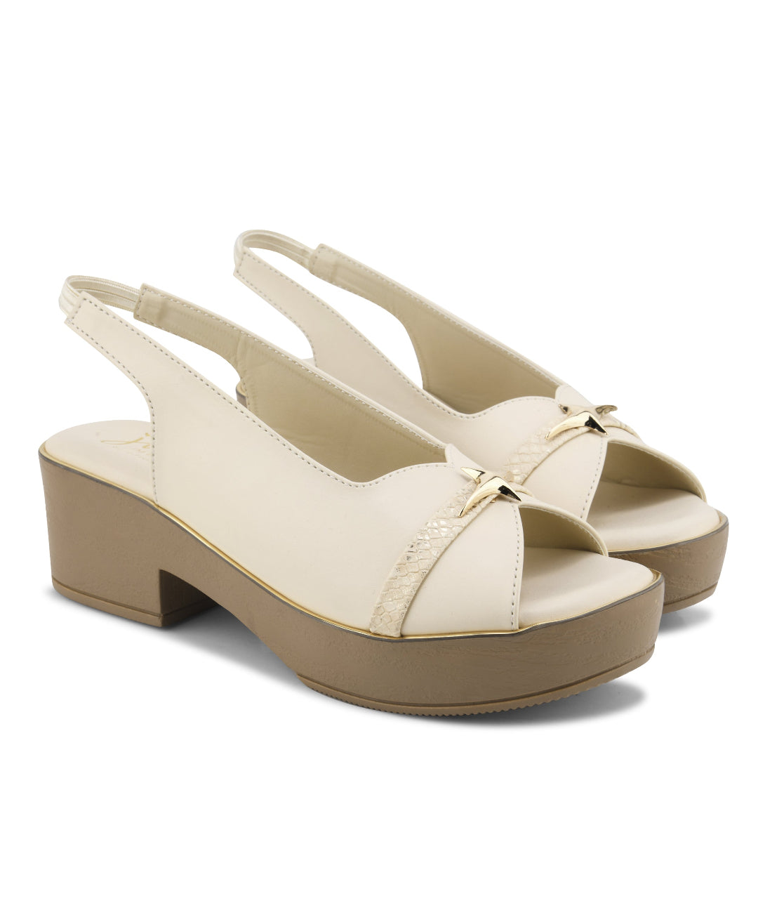 Cream Women Peep Toe Platform Block Heel Sandals with Slingback Strap