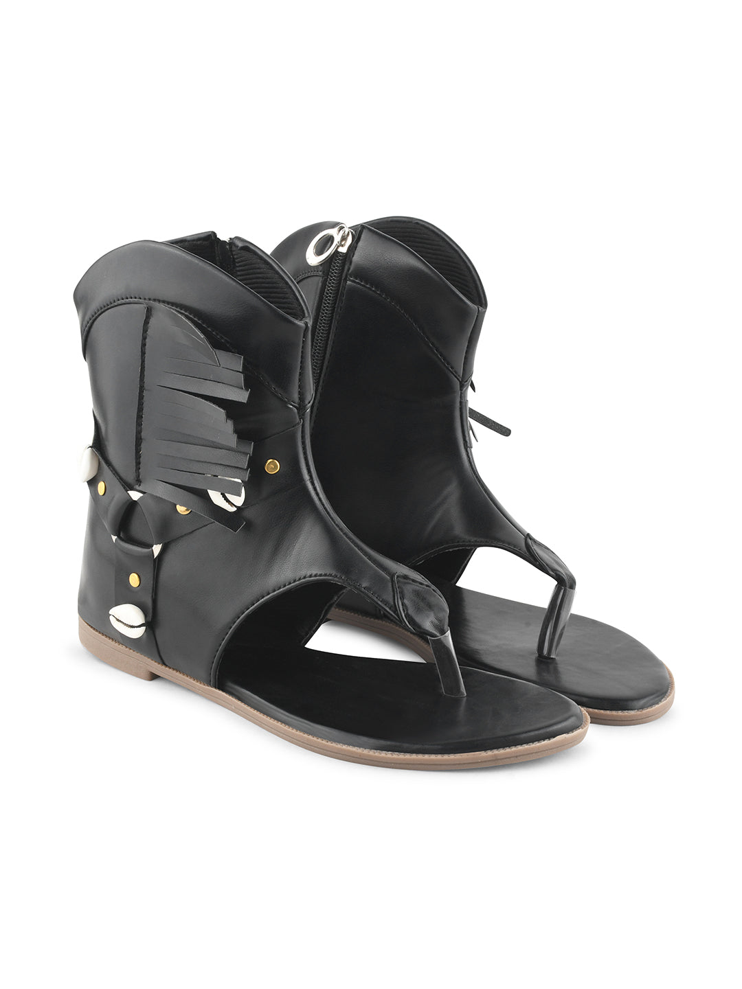 women's high-ankle gladiator sandals featuring shell and fringe embellishments
Black