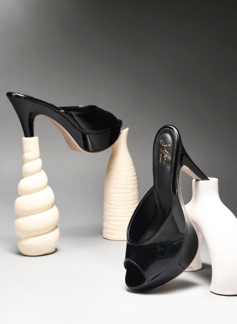 open-toe platform mules with a glossy patent finish and a high heel
Black