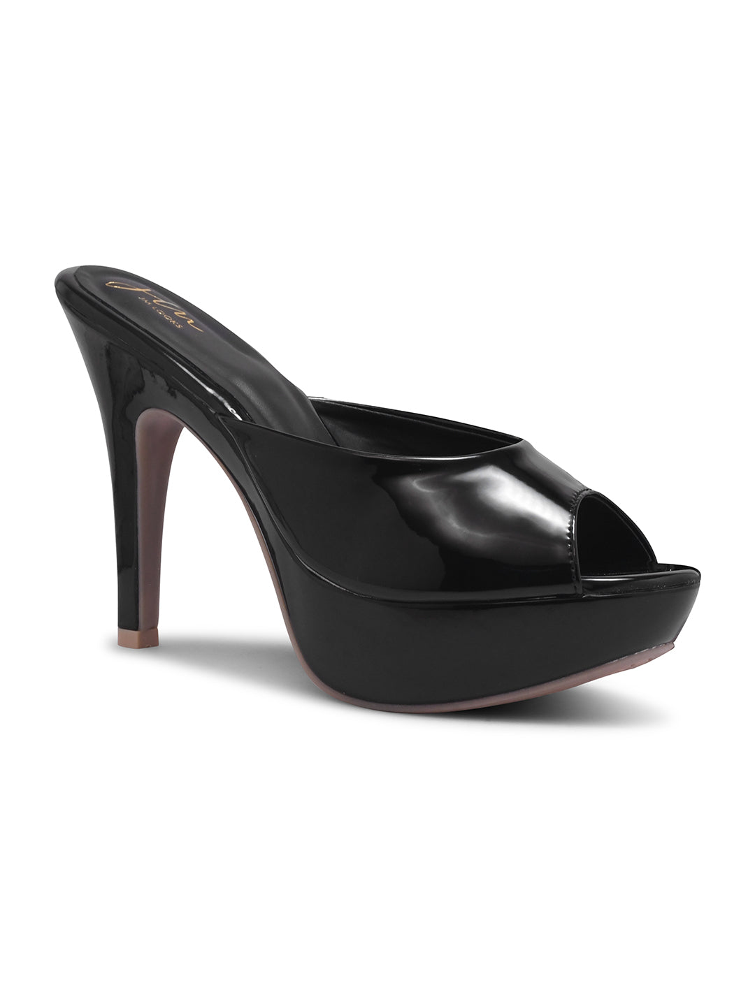 open-toe platform mules with a glossy patent finish and a high heel
Black