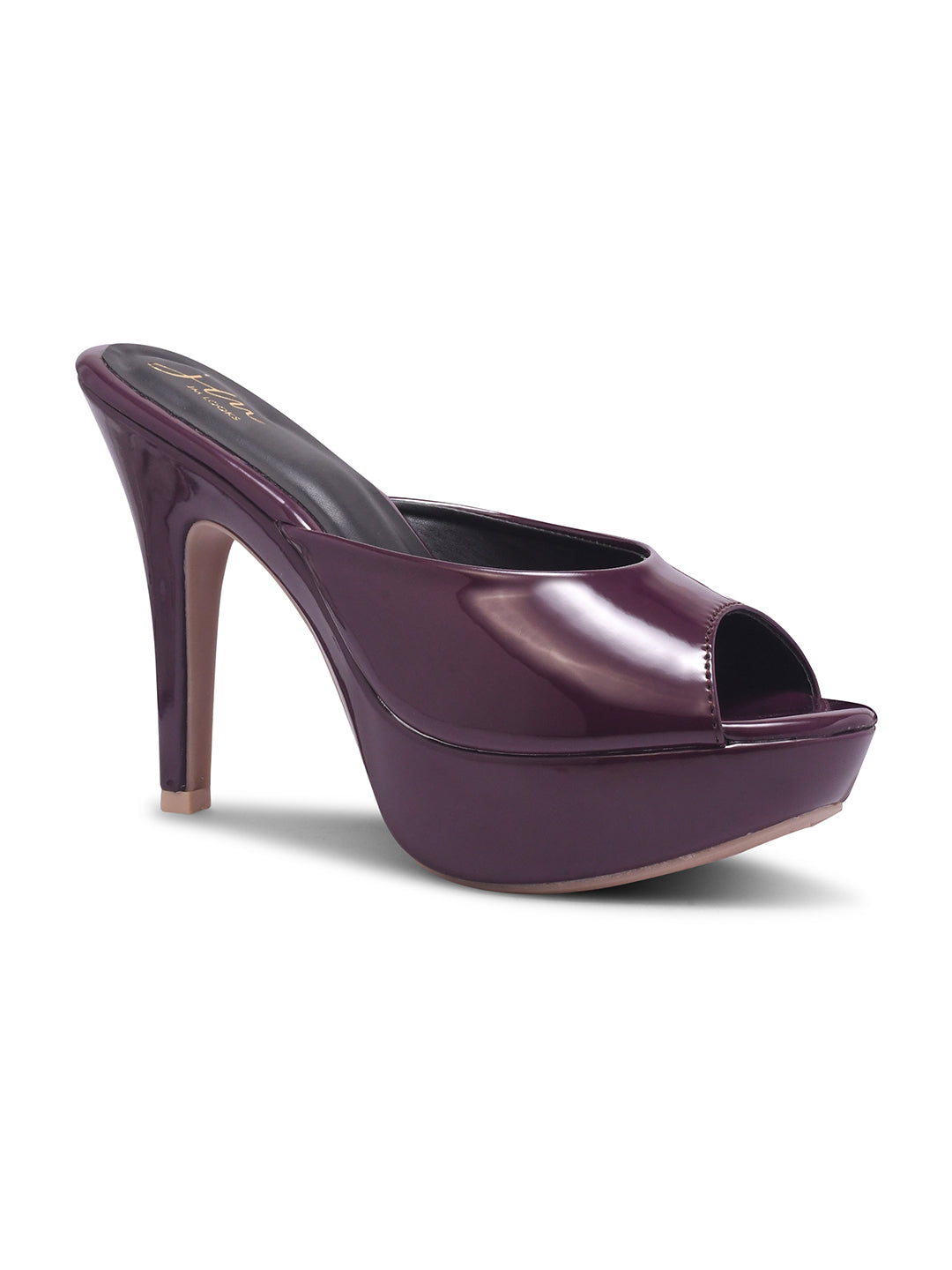 open-toe platform mules with a glossy patent finish and a high heel
Cherry