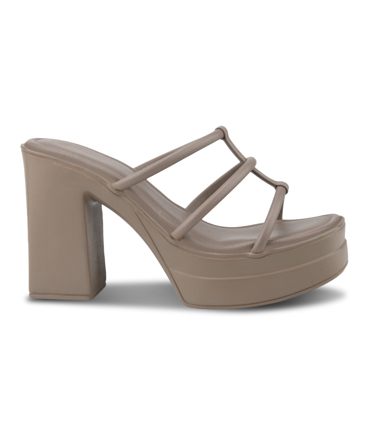 Platform heels for women in Taupe with strappy caged upper, chunky block heel and cushioned footbed