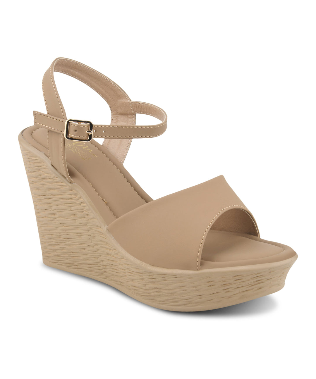 Beige peep-toe wedge heels with ankle buckle strap