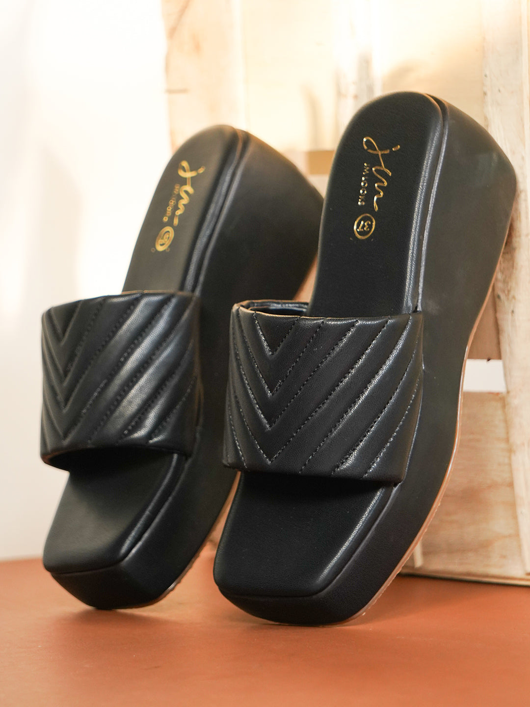 Chevron Pattern Slip-On Wedges for Women and Girls Black