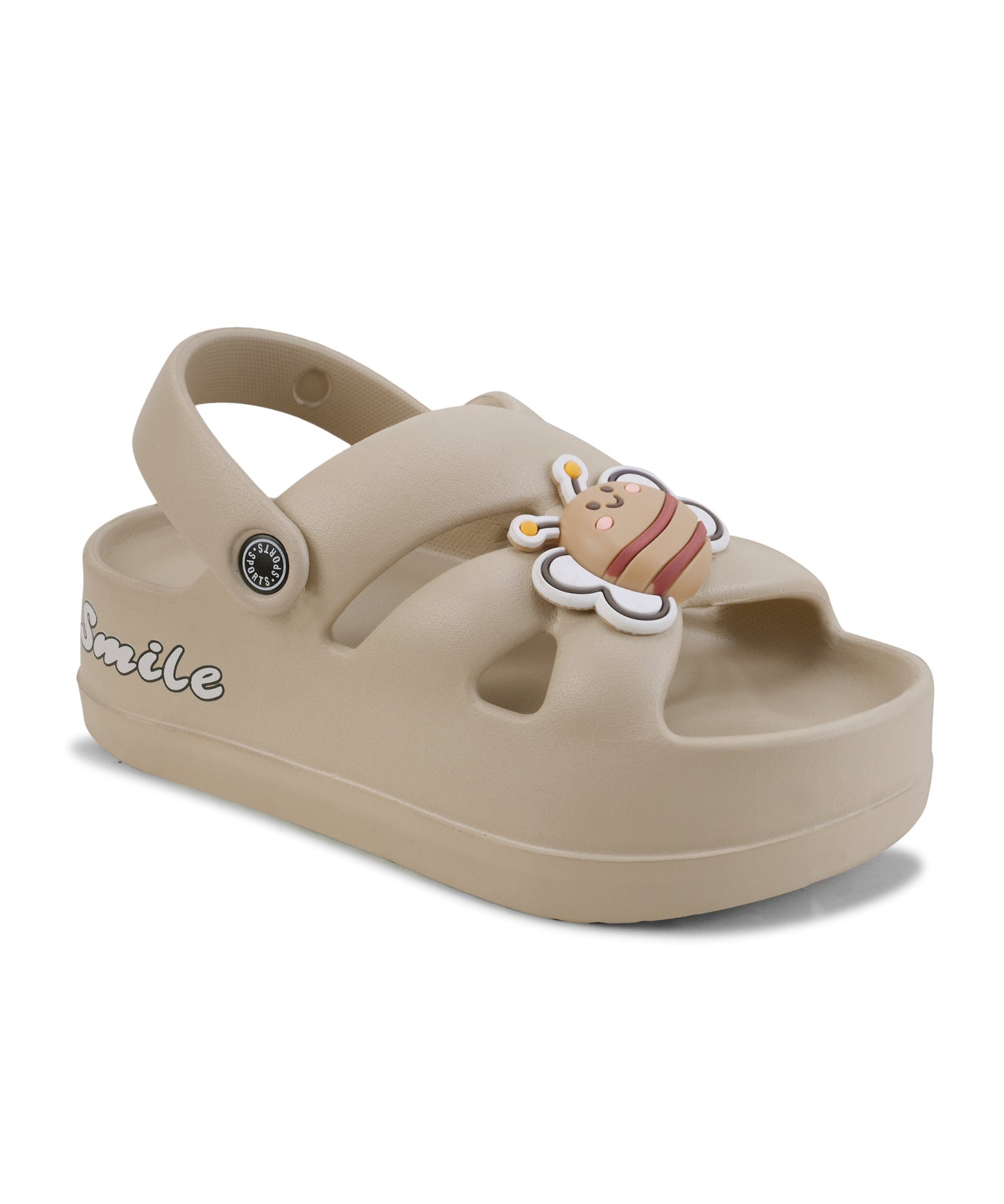 Kids beige platform sandals with cute bee charm, Smile print, and adjustable back strap.