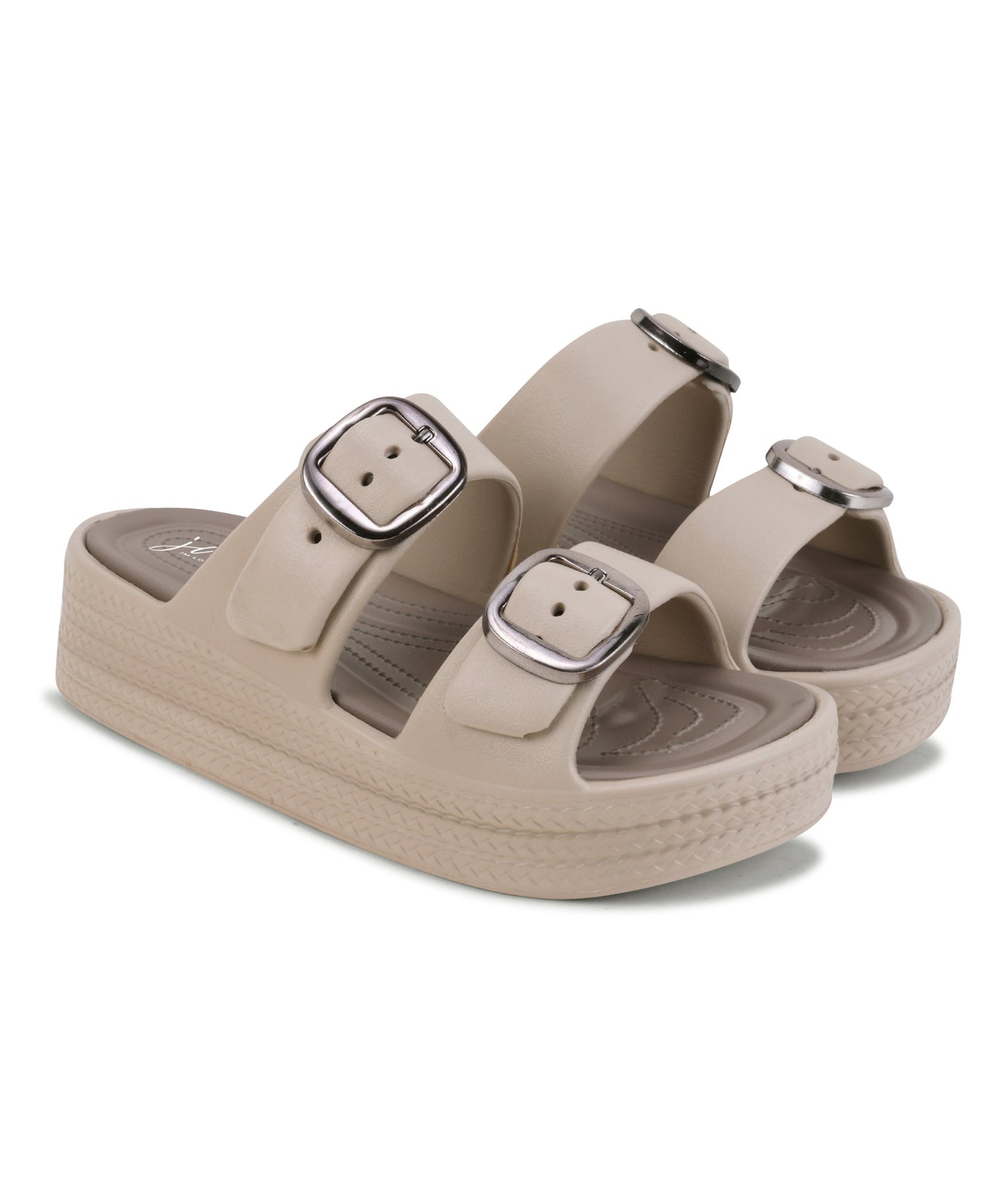 Beige double buckle platform sandals for women with silver square buckles and chunky textured comfortable sole