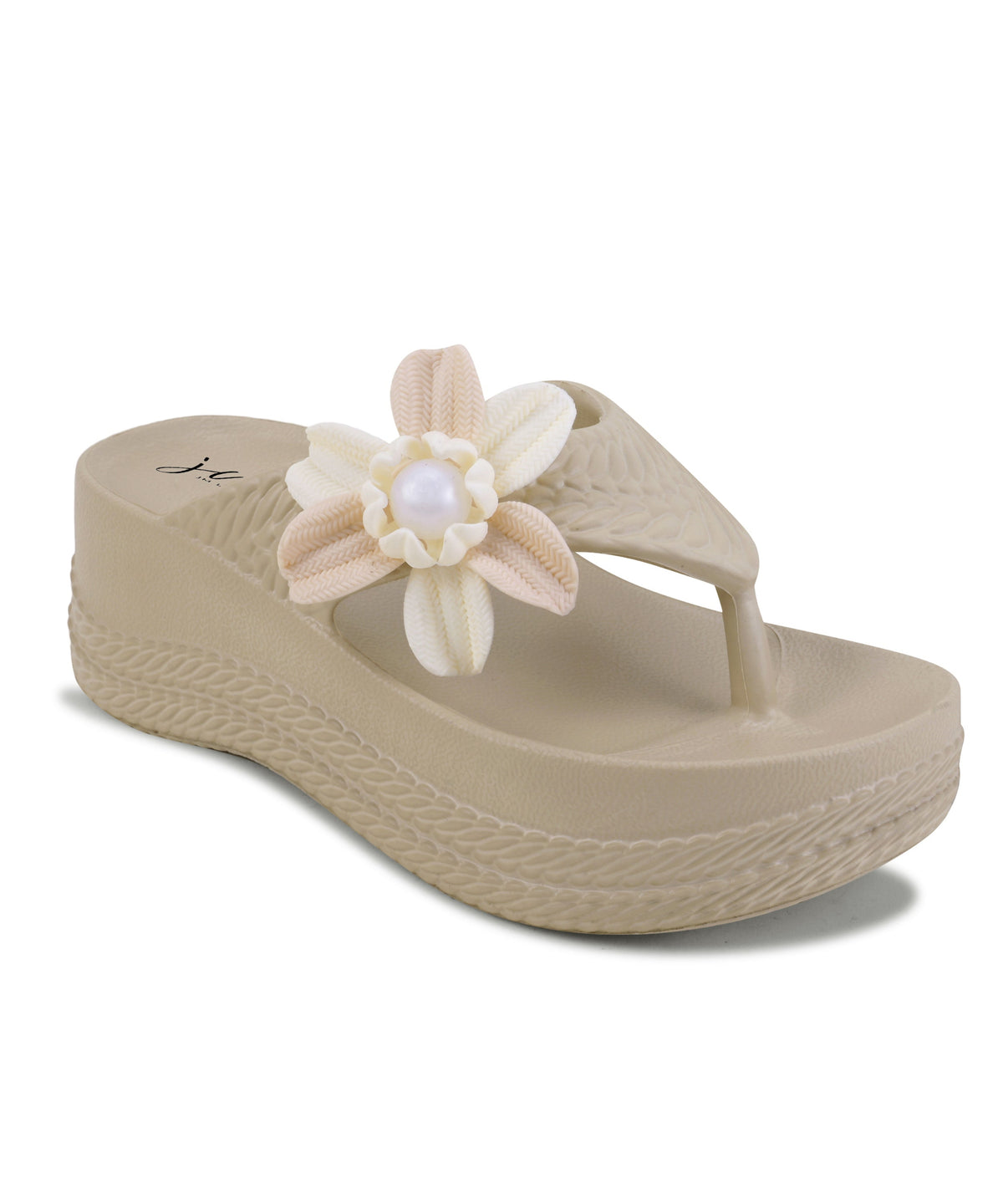 Platform flip flops for women in beige with pearl flower detail and thick cushioned wedge sole