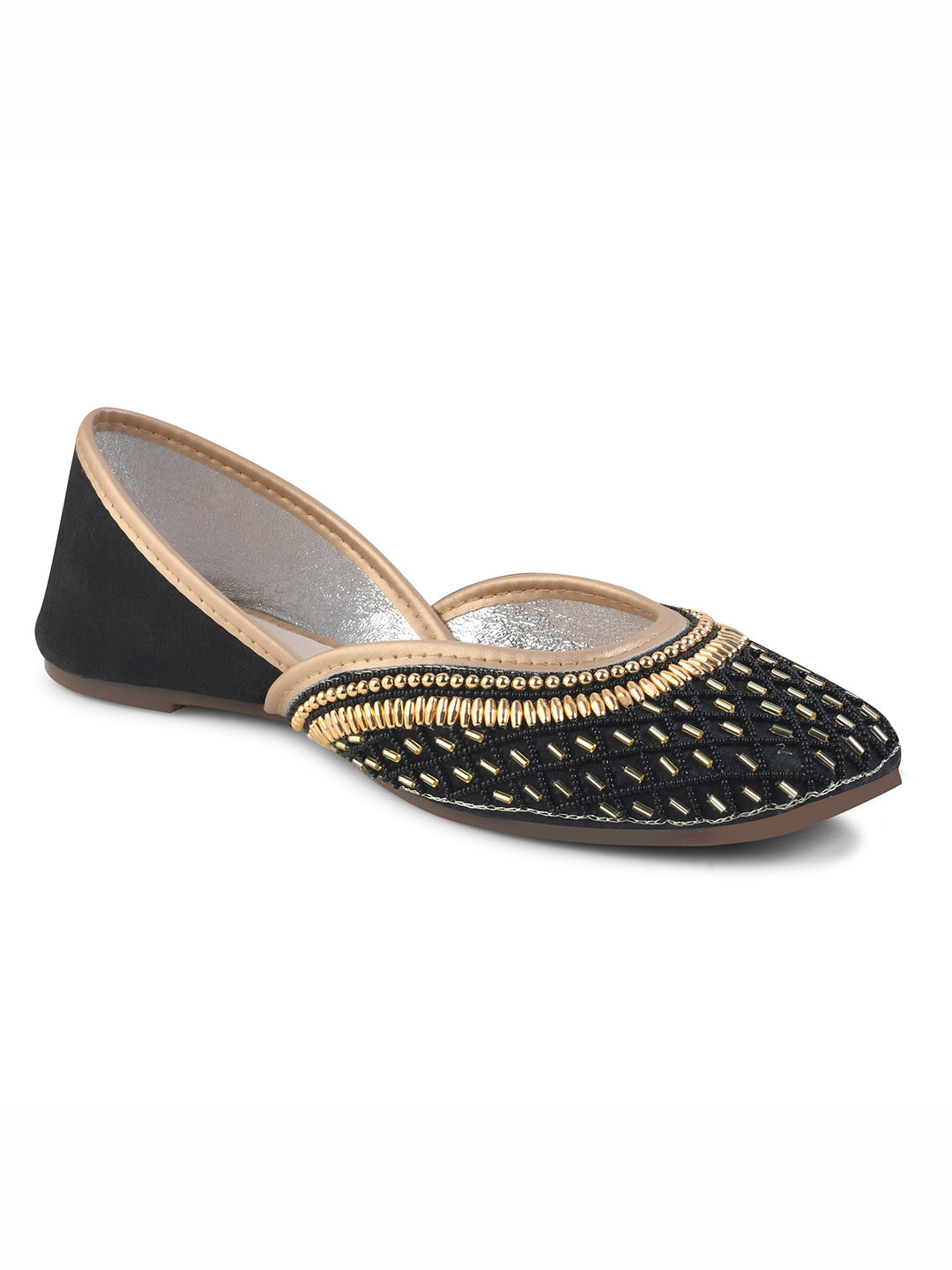 traditional juttis with intricate beaded work in a geometric pattern on the upper
Black