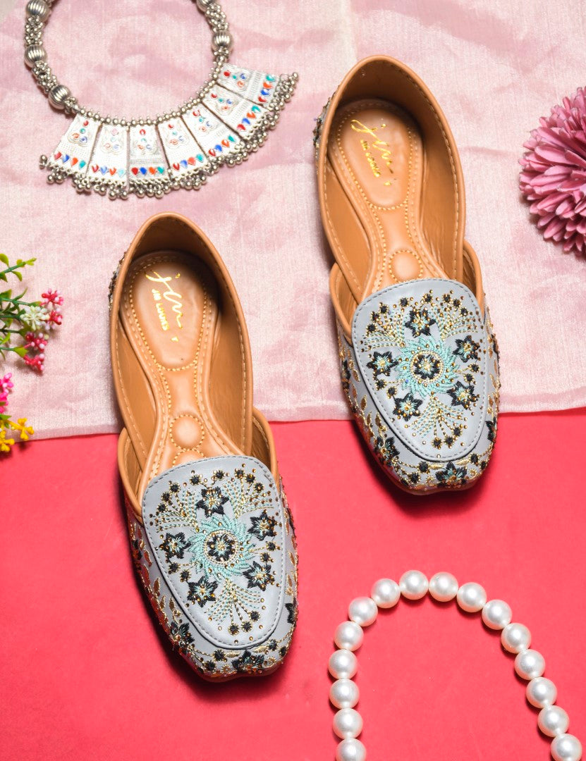 JM Looks loafer jutti flats featuring intricate embroidery and subtle embellishments
Grey