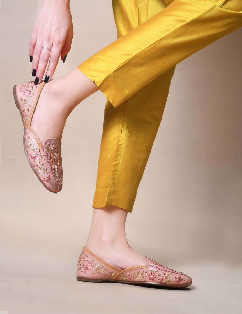 JM Looks loafer jutti flats featuring intricate embroidery and subtle embellishments
Peach