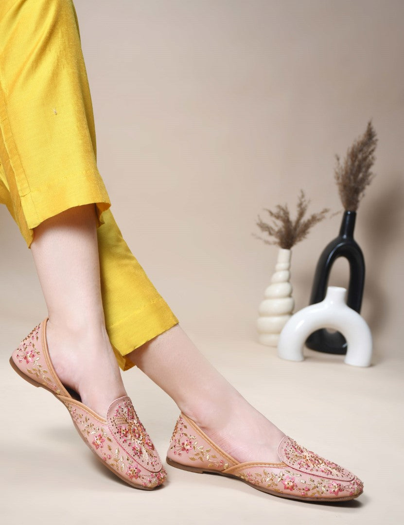 JM Looks loafer jutti flats featuring intricate embroidery and subtle embellishments
Peach