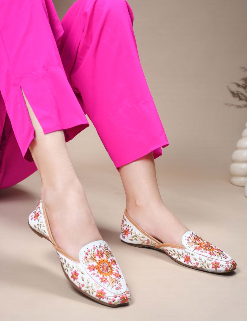 JM Looks loafer jutti flats featuring intricate embroidery and subtle embellishments
White
