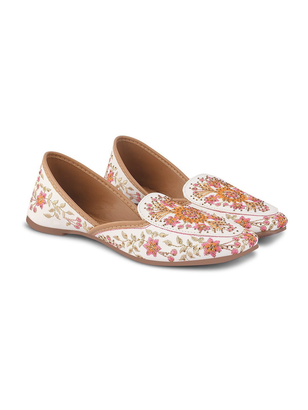 JM Looks loafer jutti flats featuring intricate embroidery and subtle embellishments
White