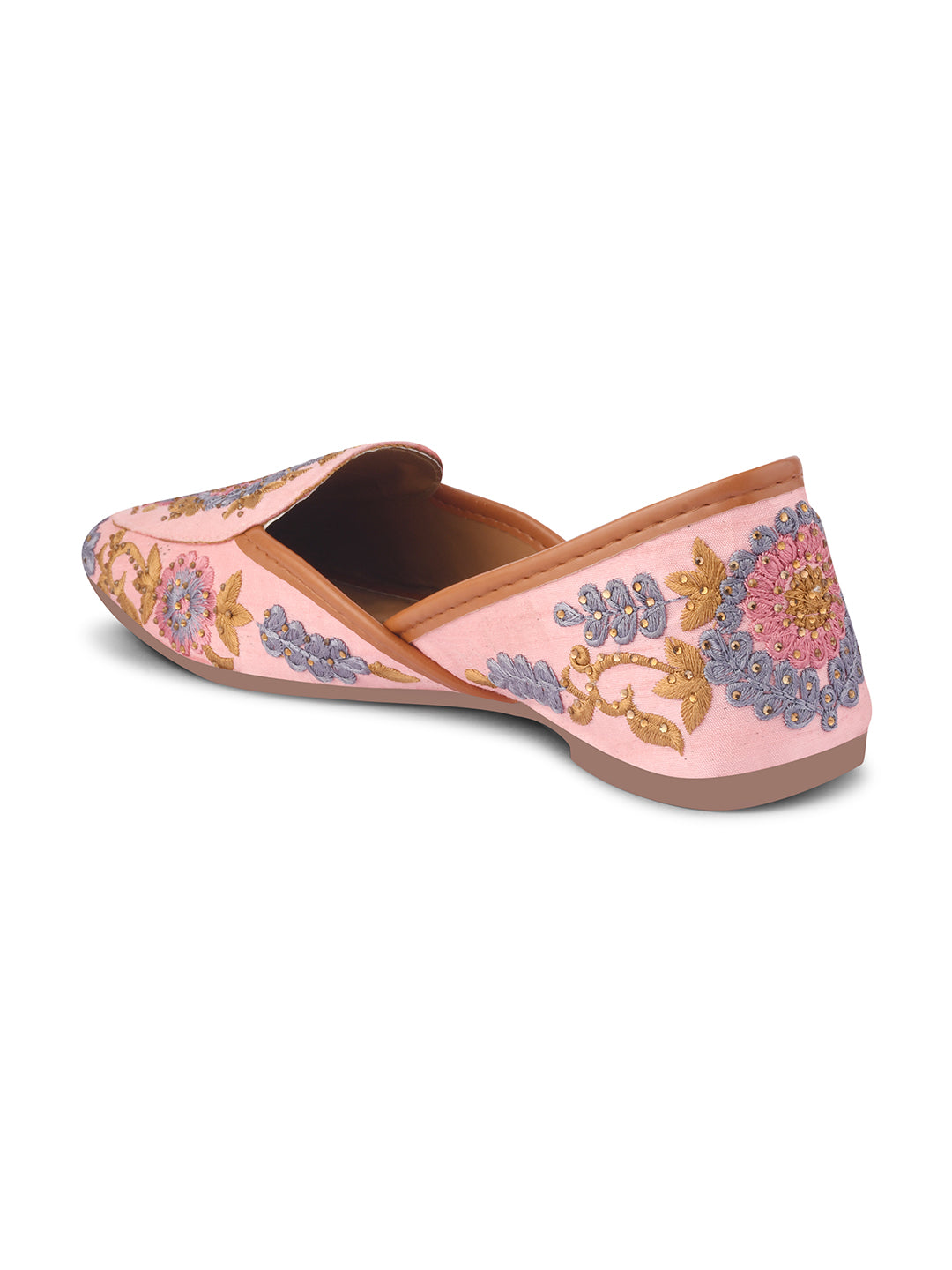 JM Looks jutti flats featuring intricate floral embroidery and a pointed toe
Peach