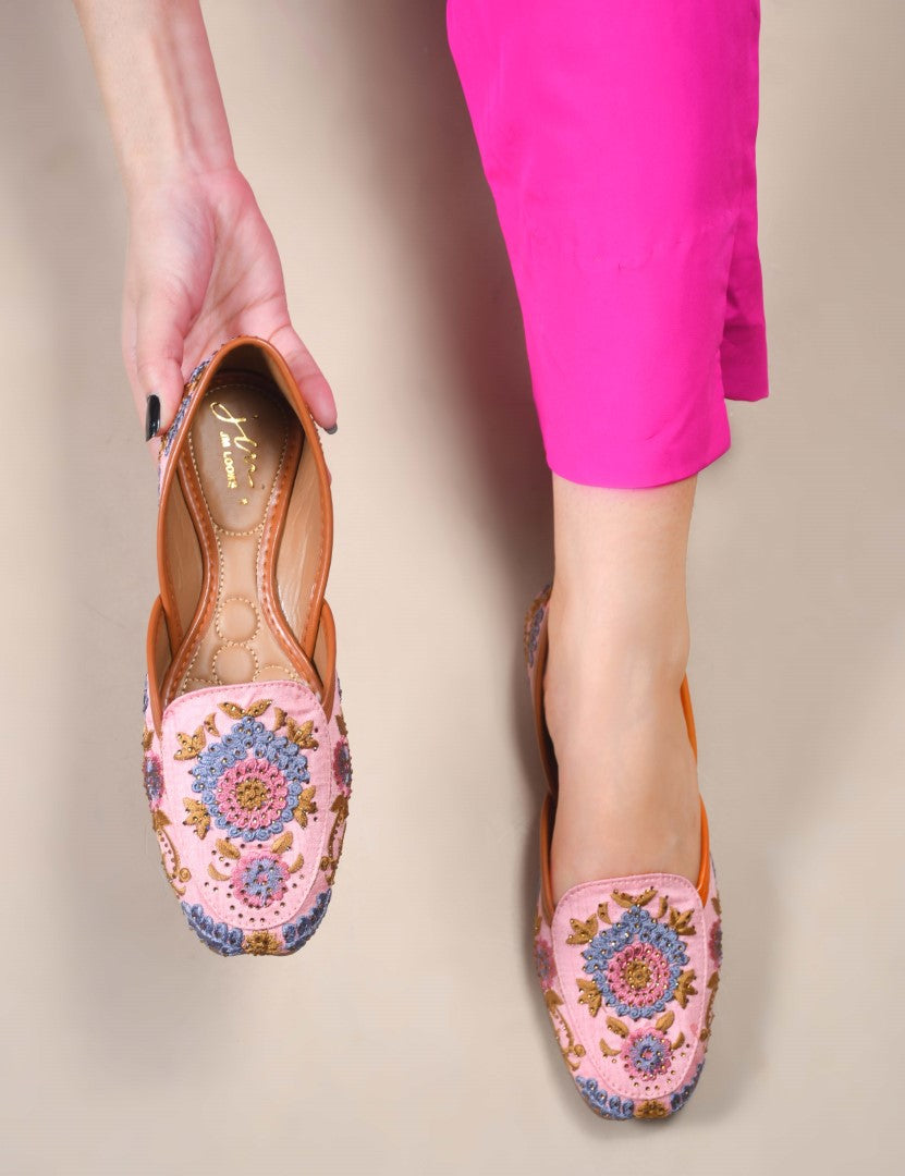JM Looks jutti flats featuring intricate floral embroidery and a pointed toe
Peach