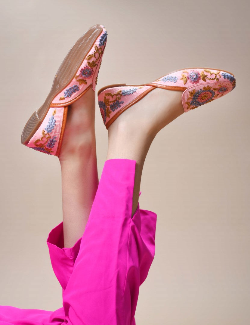 JM Looks jutti flats featuring intricate floral embroidery and a pointed toe
Peach