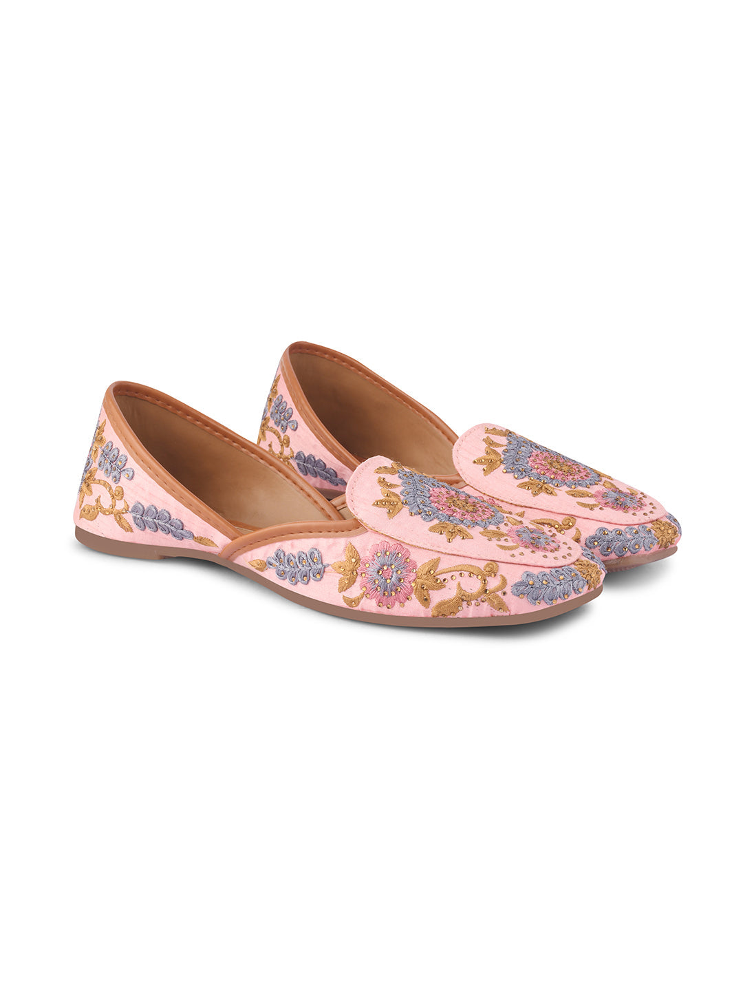 JM Looks jutti flats featuring intricate floral embroidery and a pointed toe
Peach