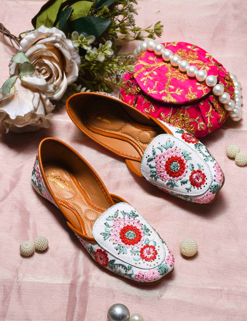 JM Looks Embroidered Floral Jutti Flats See-Green