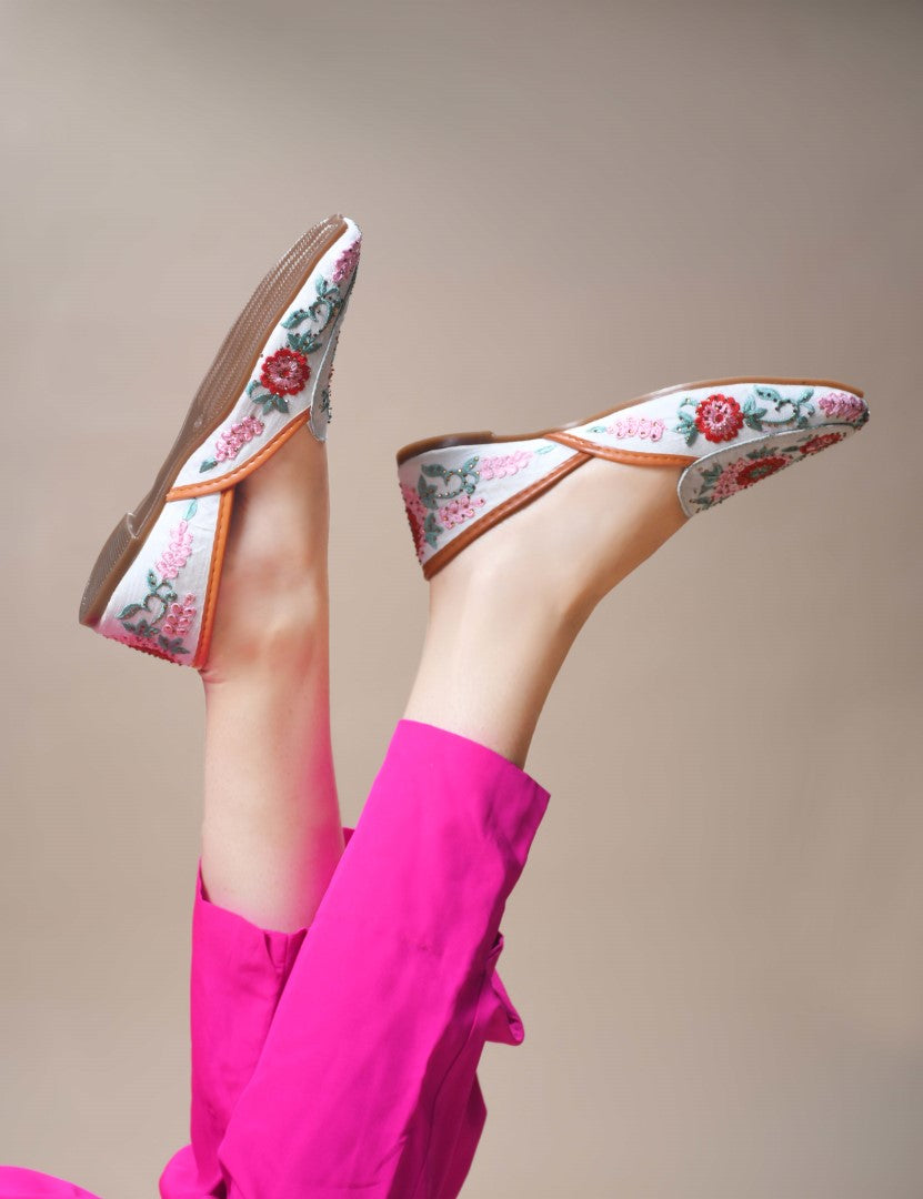 JM Looks Embroidered Floral Jutti Flats See-Green