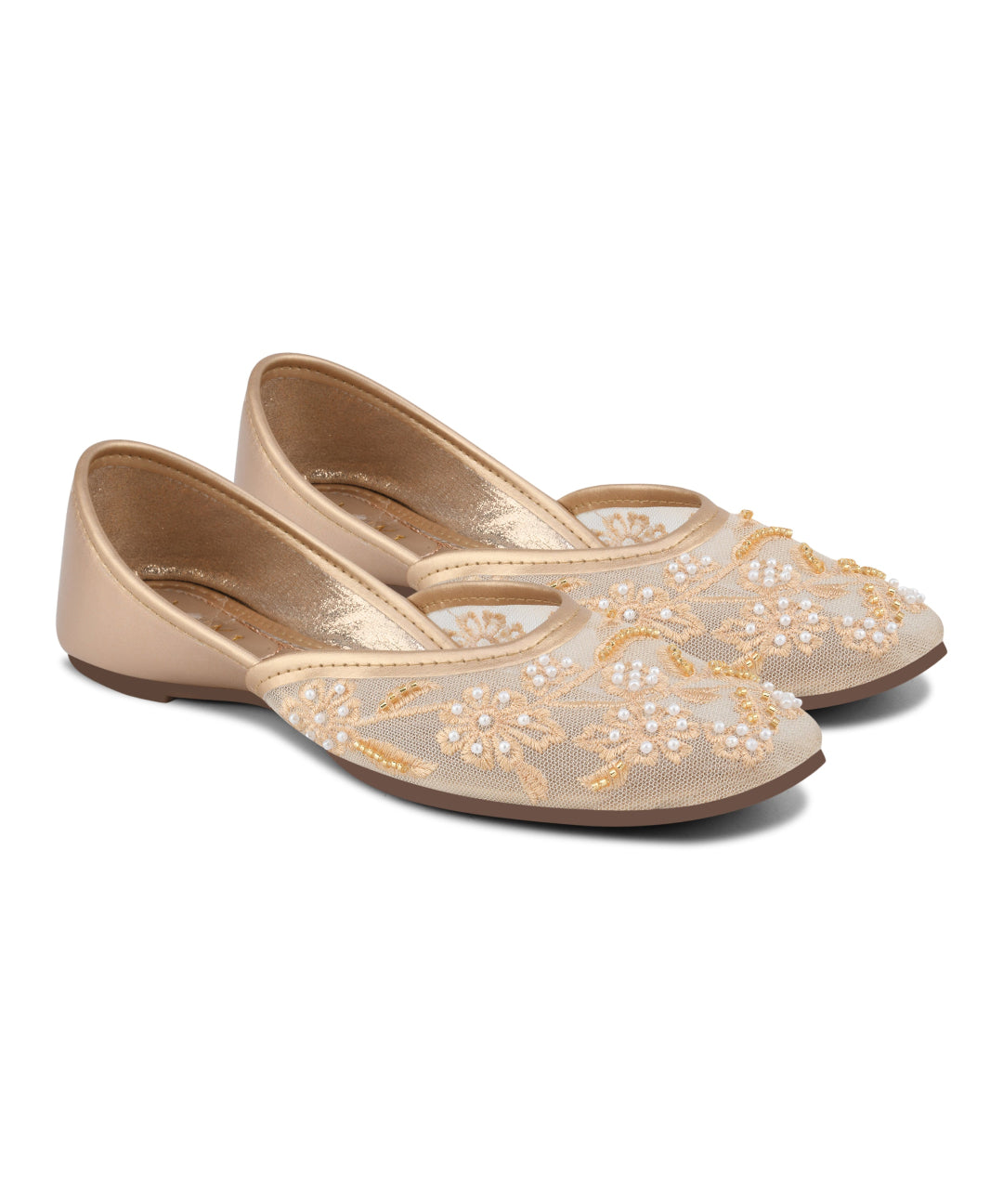 Gold Women Beaded Mesh Embellished Ethnic Round-Toe Juttis for Festive Wear