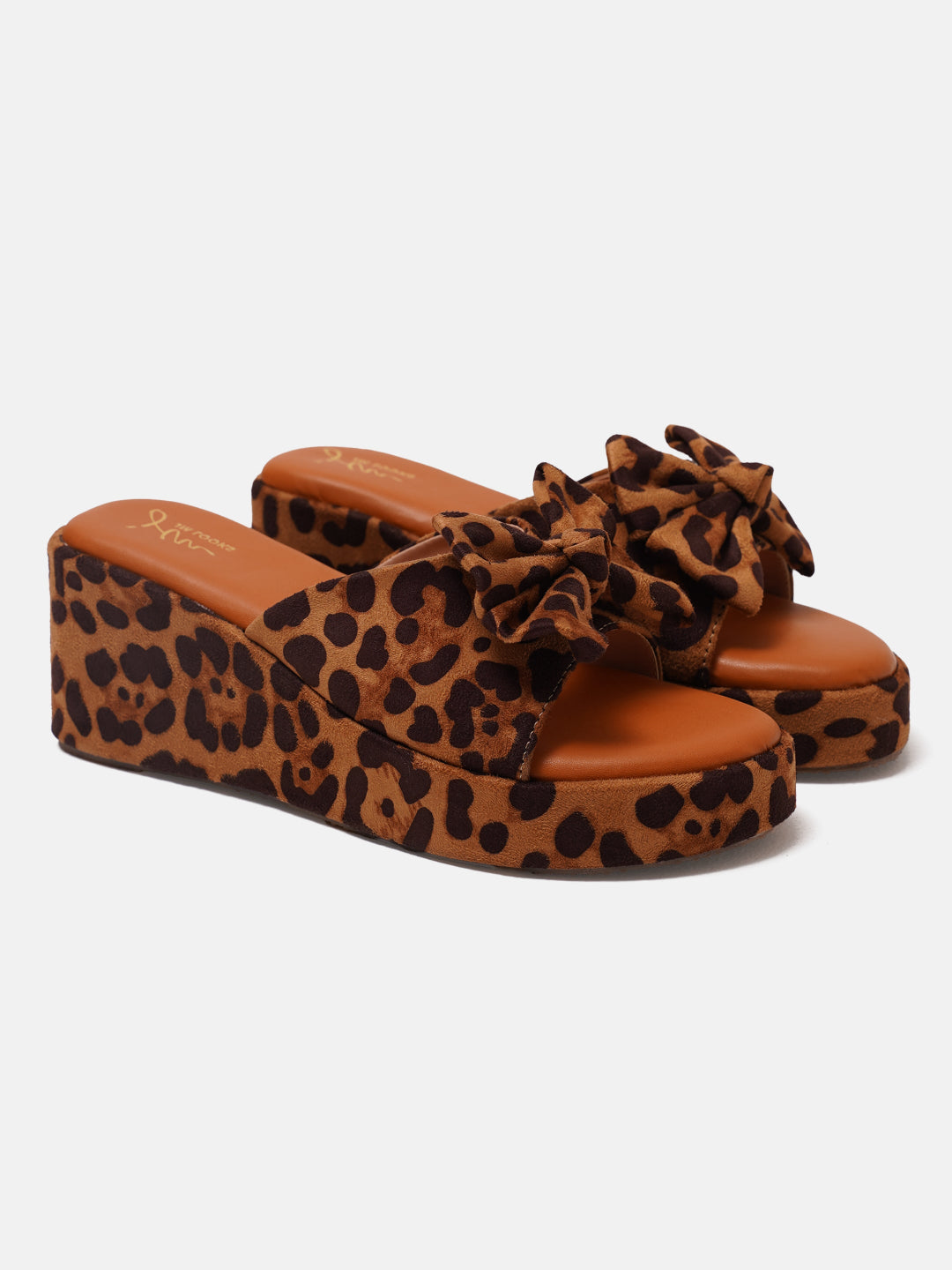 Leopard Print Bow Wedge sandals Slides with Platform Sole TAN