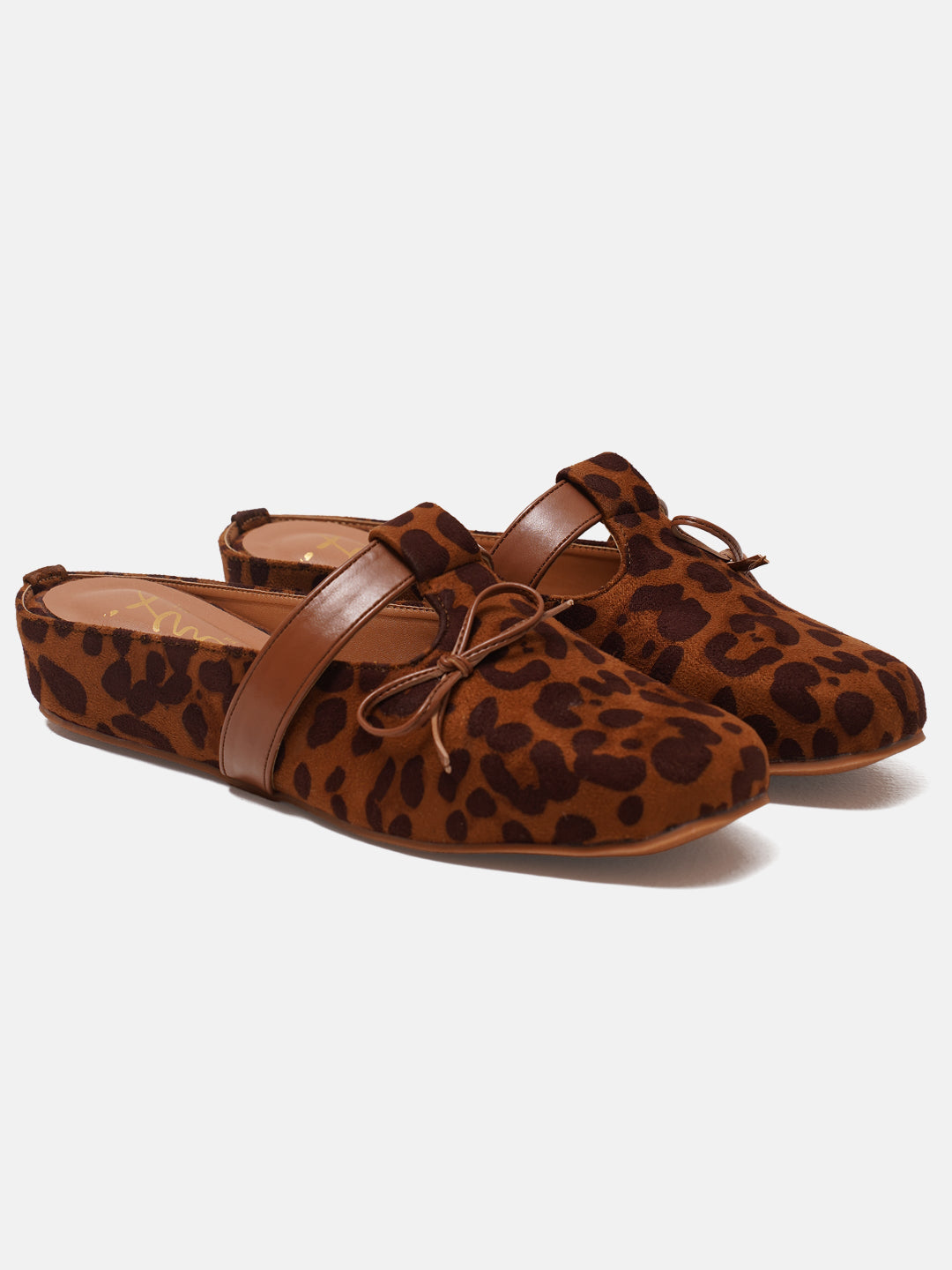 Leopard Print Slip-On hlaf Loafers with Bow TAN